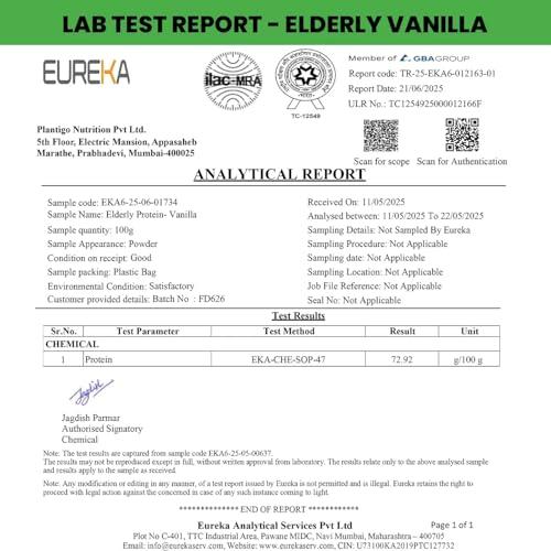 PLANTIGO Plantigo Superior 51+ Plant Protein Powder for Senior Adults | Elders, Old Men & Women | No Sugar, 14 Calories | Pea Protein, Oats | Heart Health & Muscle Recovery, Vegan Protein (Vanilla - 500g)