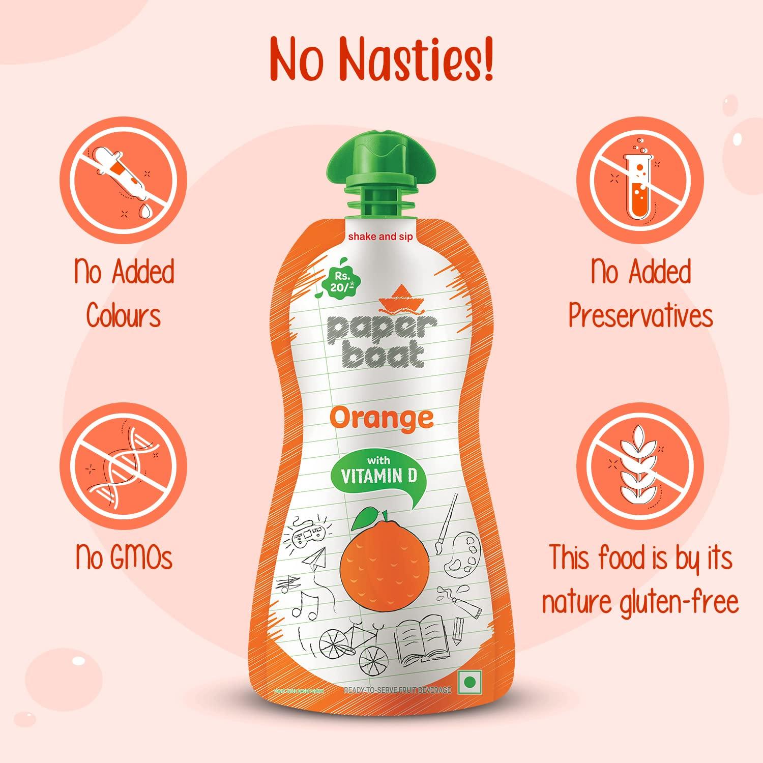 Paper Boat Paper Boat Orange Juice, Enriched with Vitamin D (Pack of 9, 150ml each) & Paper Boat Lychee Juice, Litchi Jelly Drink Enriched with Vitamin D (Pack of 9, 150ml each), Pink