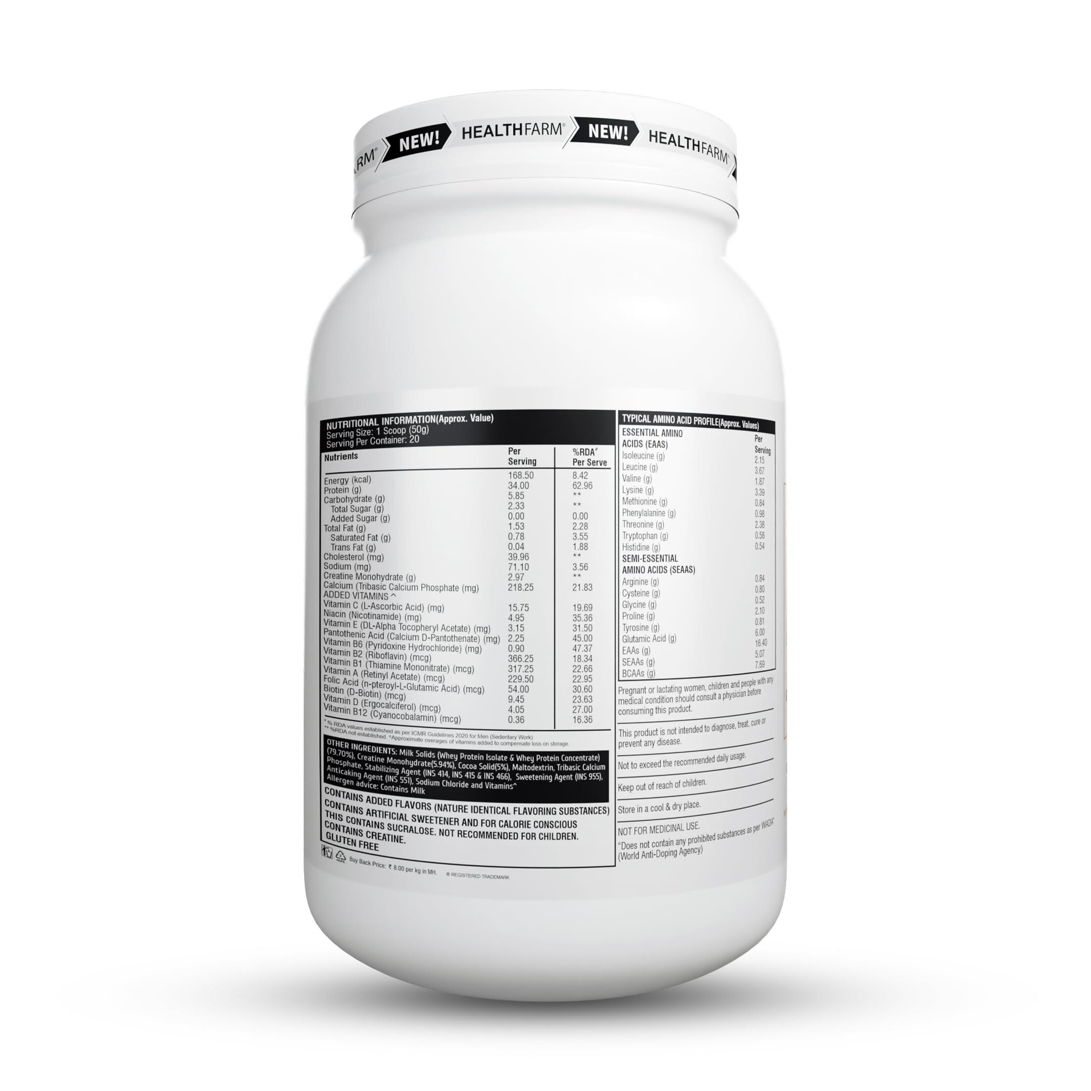 HEALTHFARM Healthfarm Nitra Whey Protein | 34g Protein Per Serving & 3g Added Creatine | Blend of Isolate & Concentrate Protein (Belgian Chocolate, 1kg)