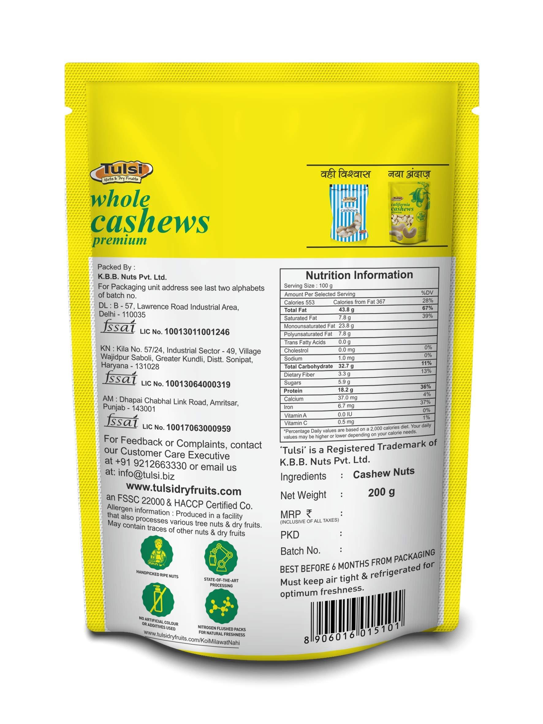 Tulsi Tulsi Whole Cashew Premium (Grade W320) 1Kg (200g x 4) | Handpicked Kaju Nuts | Premium Cashew Nuts | Raw Cashews | Rich in Protein | Source of Dietary Fiber | Good Size | Whole Kaju | (Pack of 4)