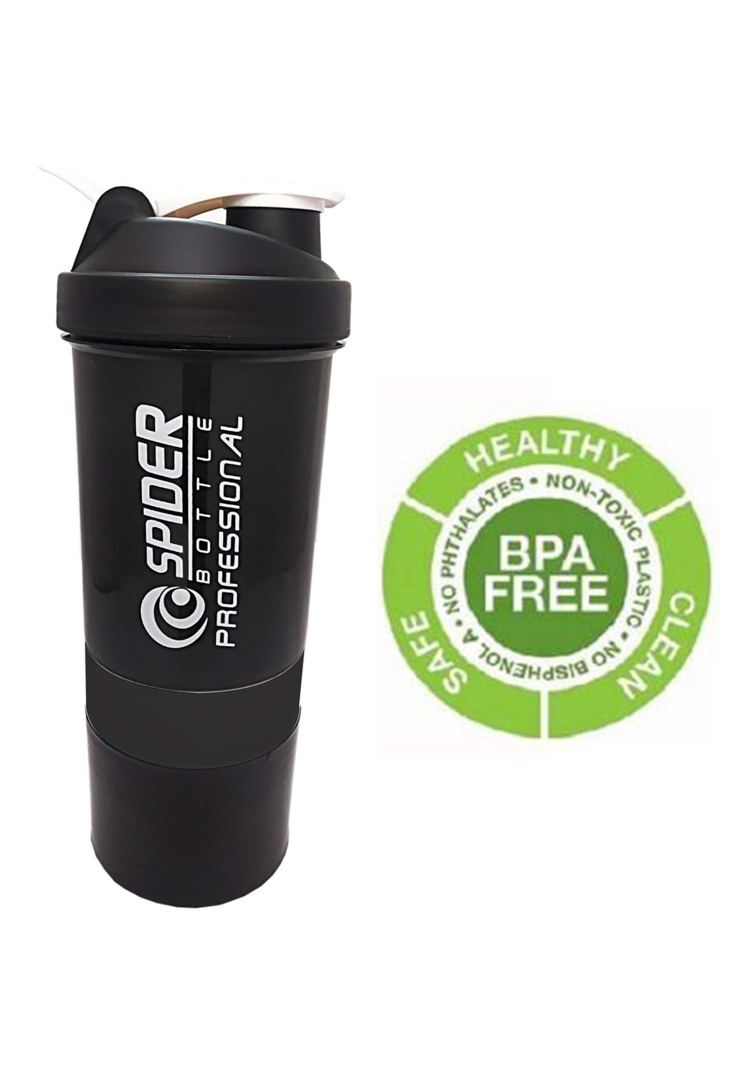 TRUE INDAIN TRUE INDIAN Combo of Spider Bottle 500 ml with 2 Storage Compartment Cup for Gym (Pack of 2 Black, Blue) Protein Shaker Blender Bottle for Whey Protein Mix