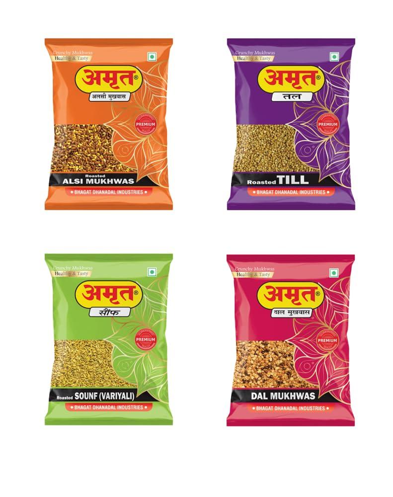AMRUT AMRUT Combo Of Till + Alsi + Dal + Saunf Mukhwas - (200gm X 4 = 800g) (Pack Of 4) / Salty Coriander Seeds/Digestive Crunchy and Tasty Mouth Freshener Traditional Mukhwas