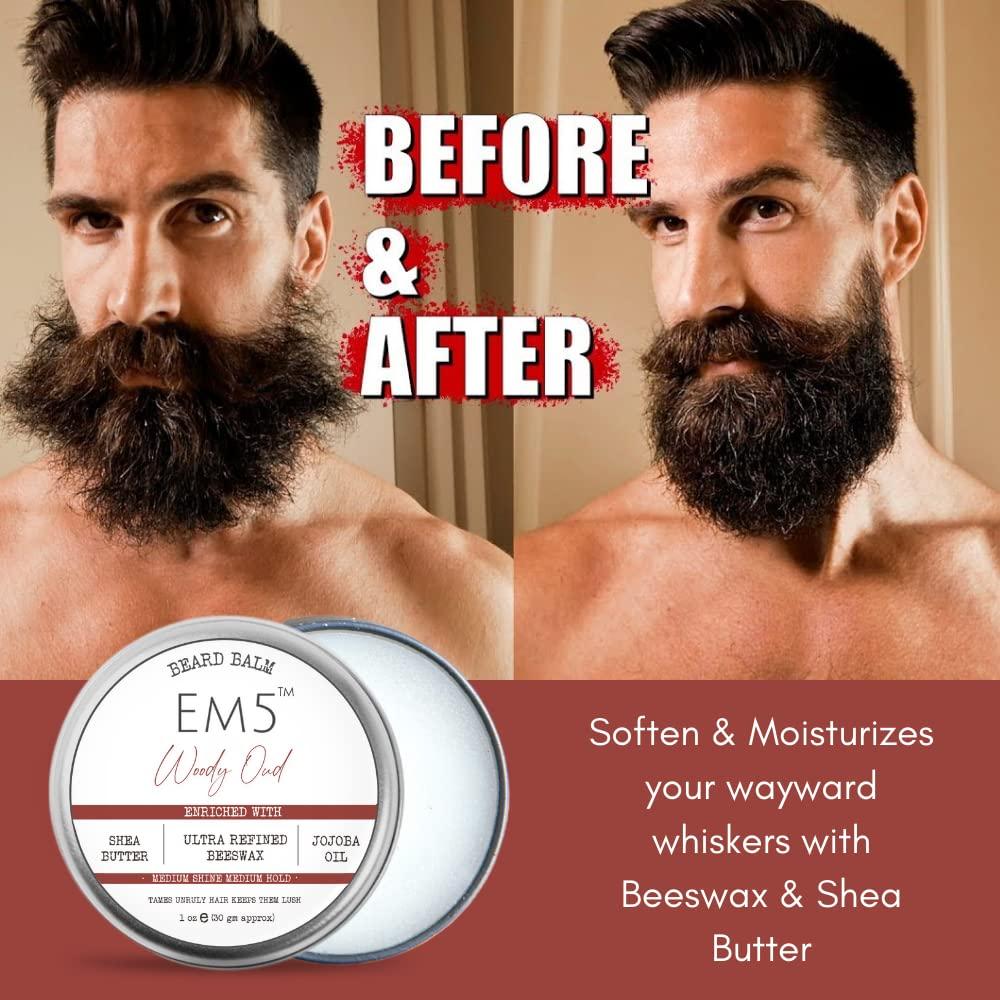 Em5 Em5 's Woody Oud Organic Beard Balm Shape Style And Tame Medium Hold And Shine Long Lasting Fragrance For All Hair| Mustache And Beards Wax Gift For Him/Men,1 Count