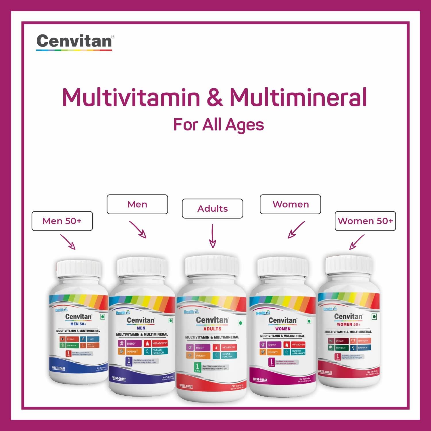 HealthVit Healthvit Cenvitan Multivitamin for Women - 60 Tablets with 24 Nutrients | Women Daily Nutrition, Stamina Enhancement, Hair, Skin, and Nails | Bone Health, Vitality, Energy Boost, Immunity (Pack of 2)