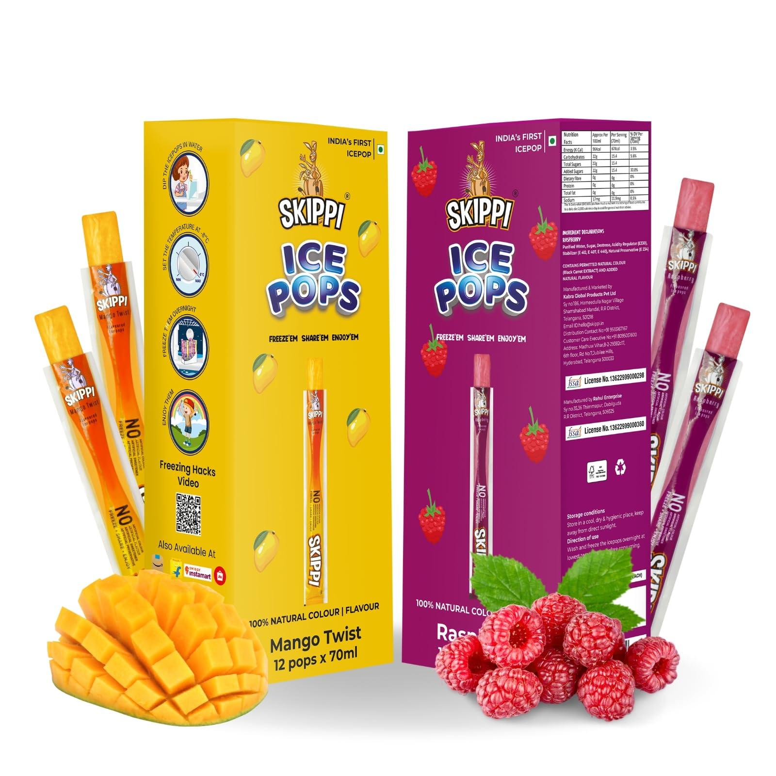 Skippi Ice Pops Skippi Icepops 100% Natural Freezer Pops, Juice Bars, Ice Pops - Raspberry & Mango Flavors (12+12 Pops Boxes)