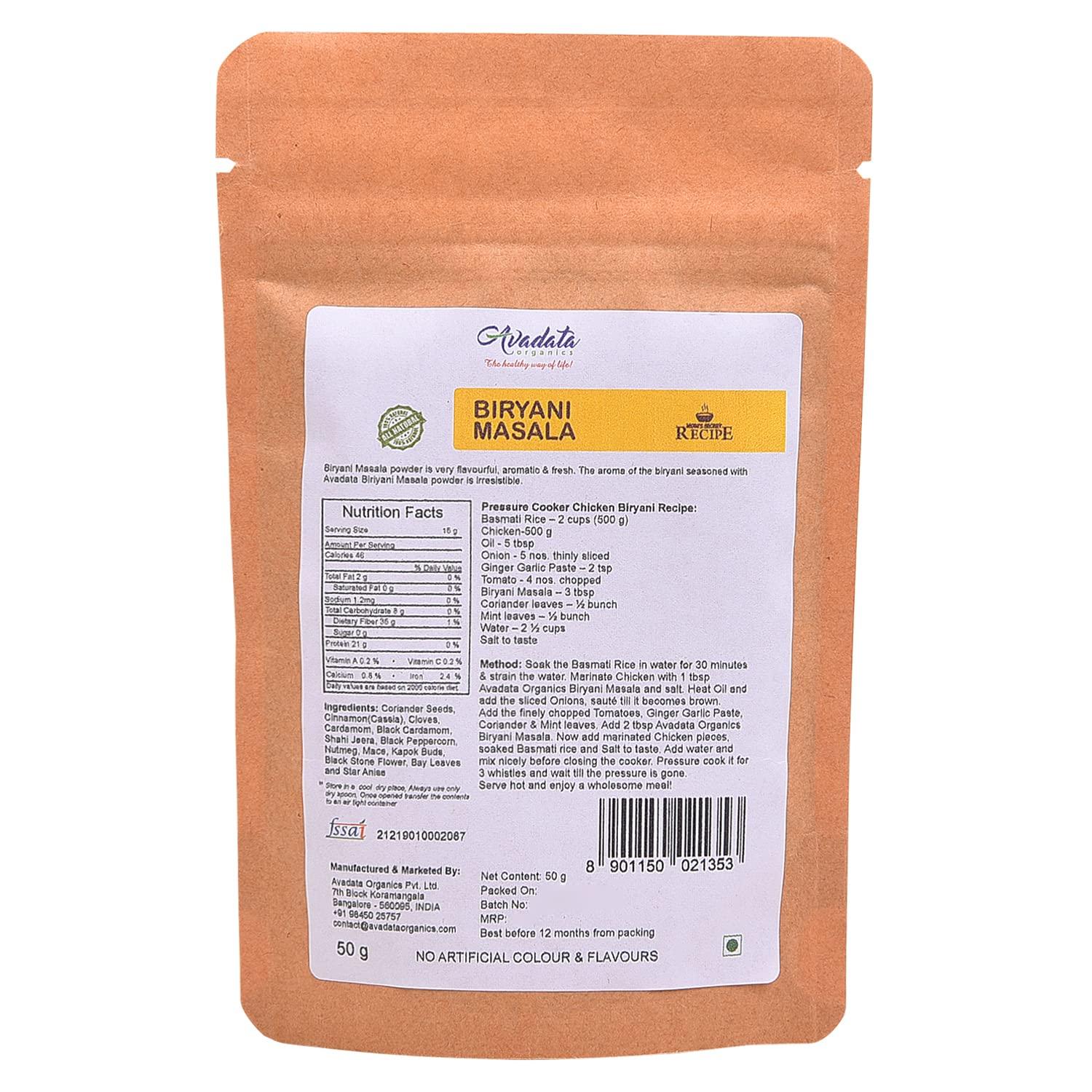 AVADATA ORGANICS - The healthy way of life Avadata Organics Biryani Masala - 50gm Hyderabadi Style| Unique Blend of Spices for Earthy Aroma & Rich Taste | Spice for Regional & Traditional Recipes | Hygienically Packed | No Preservatives (Pack of 3)