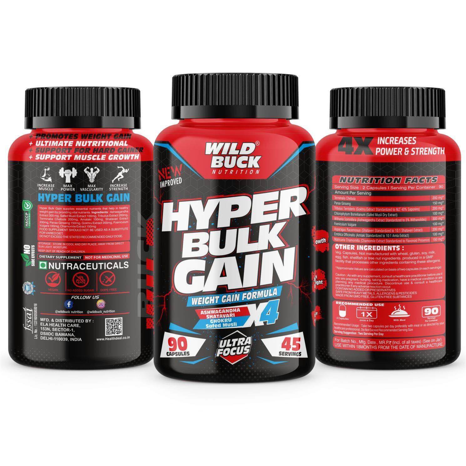 WILD BUCK Wild Buck Hyper Bulk Gain Mass & Weight Gainer Capsule for Fast Weight & Muscle Gain, Daily Muscle Building Weight Lifters Supplement for Muscle Growth, Stamina & Strength, For Men & Women- 90 Cap.