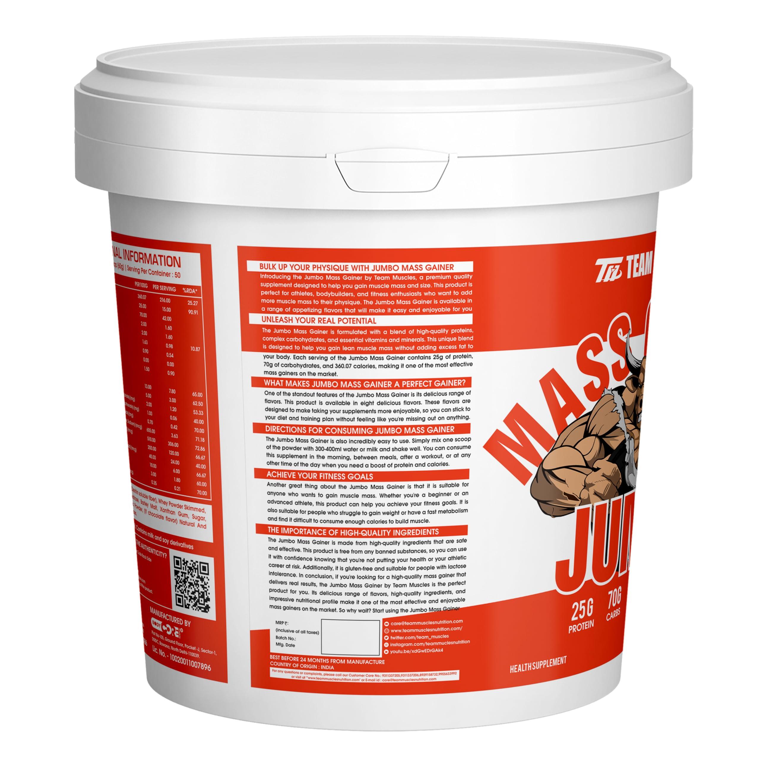 TM WITH TEAM MUSCLES Team Muscles Jumbo Mass Gainer-3Kg With Omega Fish Oil 60 soft Gelatine Capsules | Weight Gainer | Muscle Gainer (Chocolate)