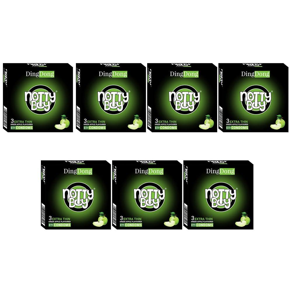 NOTTY BOY NOTTY BOY Extra Thin Without Dotted Condom, Green Apple Flavour For Tangy Twist, Extra Lube With Reservoir Tip - 21 Units (Pack of 7)