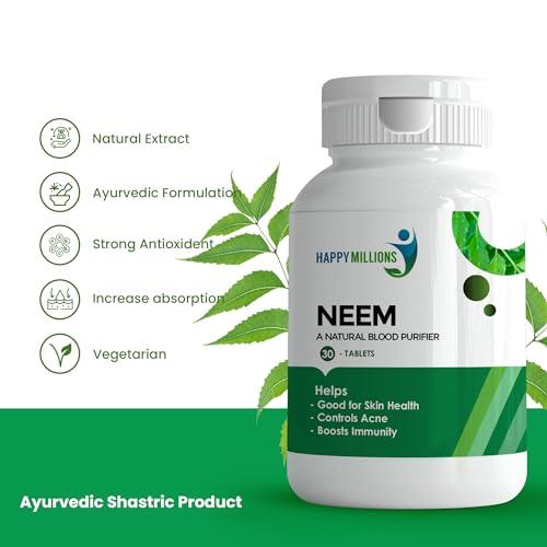 HAPPY MILLIONS HappyMillions Neem Ayurvedic Tablets | Blood Purifier, Liver Detox, Skin Health | Supports Acne and Pimple Control | 60 + 60 Tablets | Pack of 2