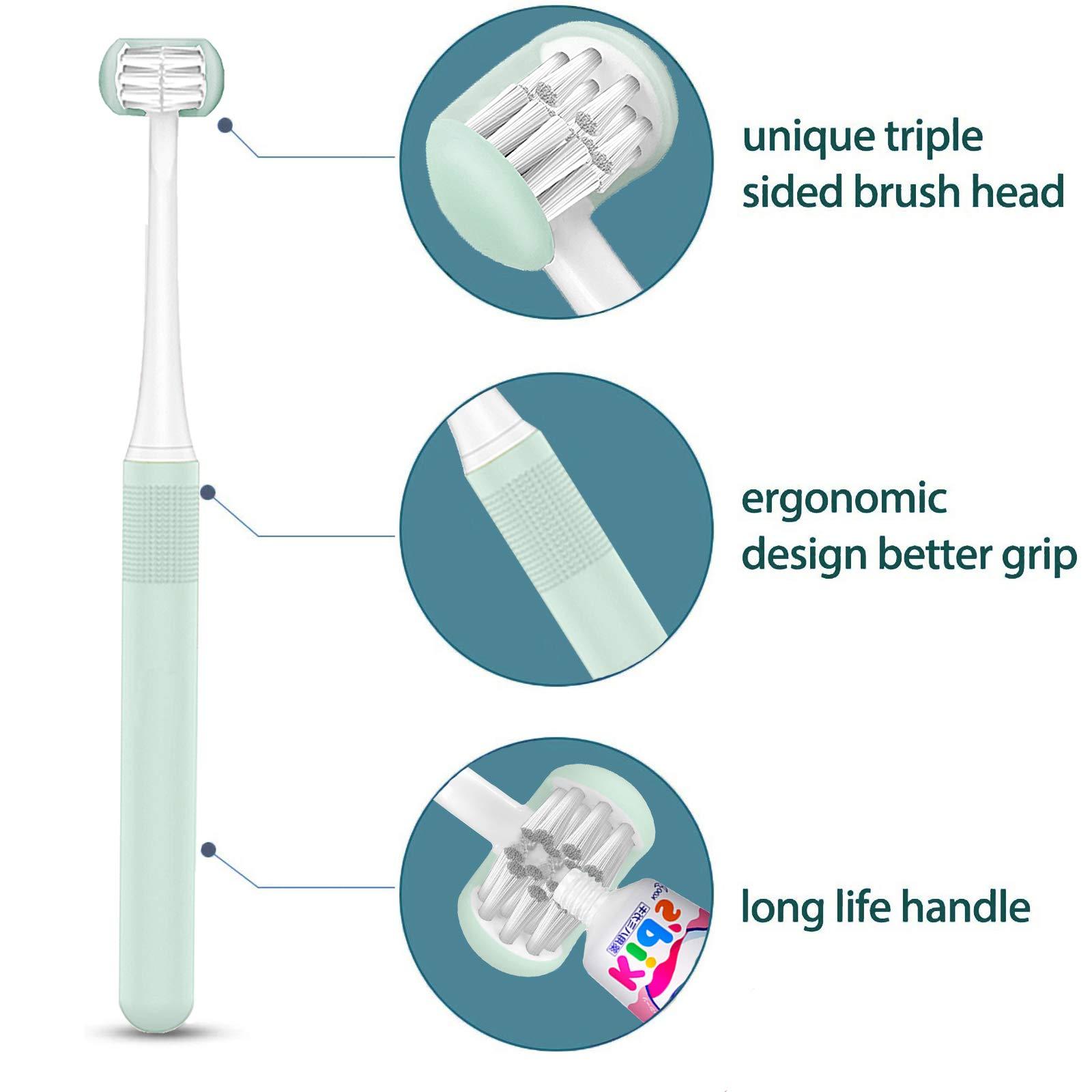 FOREVIVE FOREVIVE 2 Pieces 3 Sided Toddler Toothbrush, Three Bristles for Kids Toothbrush, Autism Soft Bristles Toothbrush,Soft and Gentle for Complete Tooth and Gum Care(C1Blue+Yellow Kids)