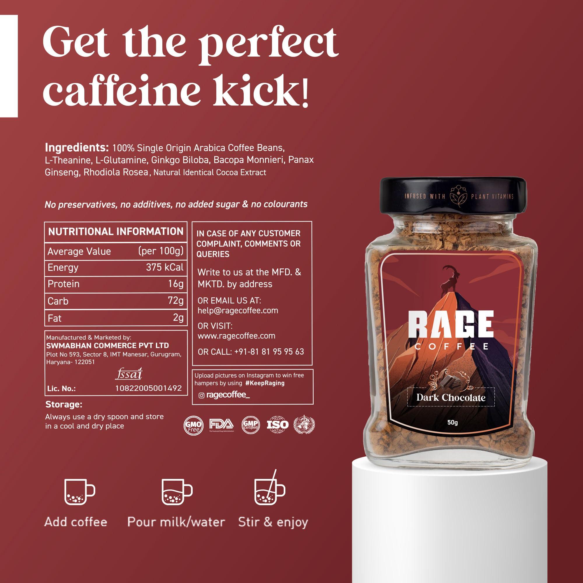 RAGE COFFEE Rage Coffee Combo - Flavoured Instant Coffee With Drinking Chocolate Powder Mix | Dark Chocolate Flavoured Coffee | Coffee, 50 gms & Chocolate Powder Mix, 100 gms | Made In India