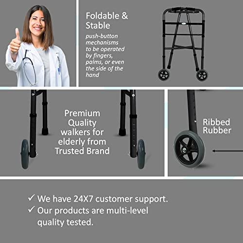 entros Entros Adult Walker with Wheels | Lightweight, Foldable & Height Adjustable Walkers for Adult, Senior Citizens, Handicap & Patients | MS Power Coated, Black, W779AW