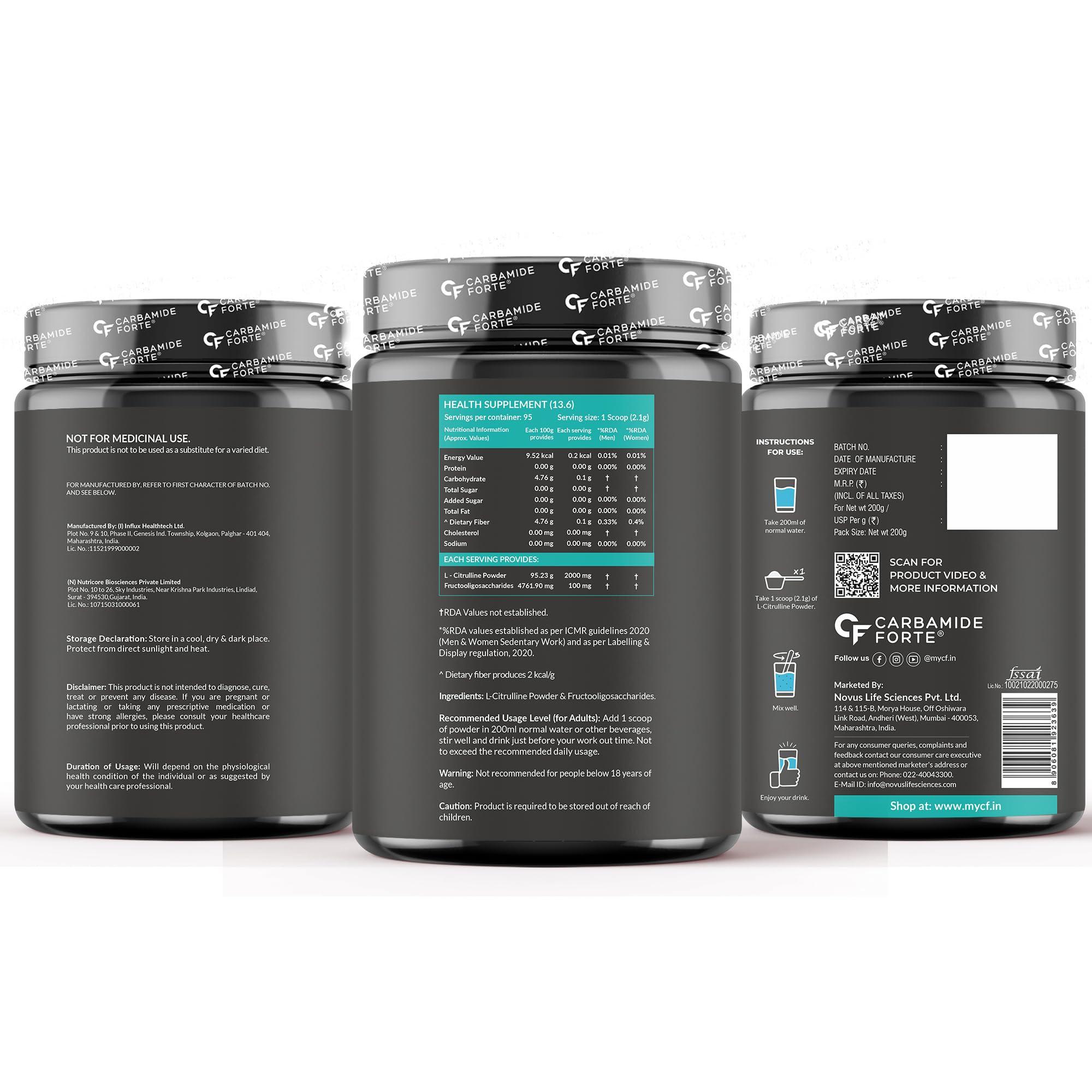 Carbamide Forte Carbamide Forte L Citrulline Powder 2000mg | Boosts Nitric Oxide, Pre Workout Supplements for Men & Women - Unflavoured - 100 SERVINGS - 200g