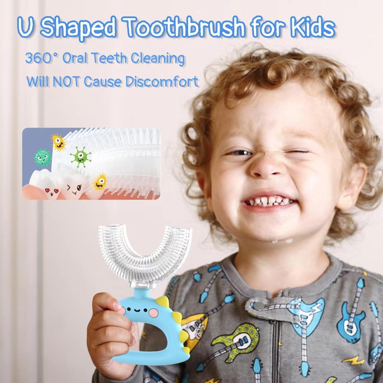 Meoligr U Shaped Toothbrush - for Kids, Manual Whole Mouth Toddler Toothbrush Age 2-4 5 6 & up, Food Grade Soft Silicone Brush Head, 360 Oral Teeth Cleaning Design, Good for Children\'s Dental Health, 2 Blue