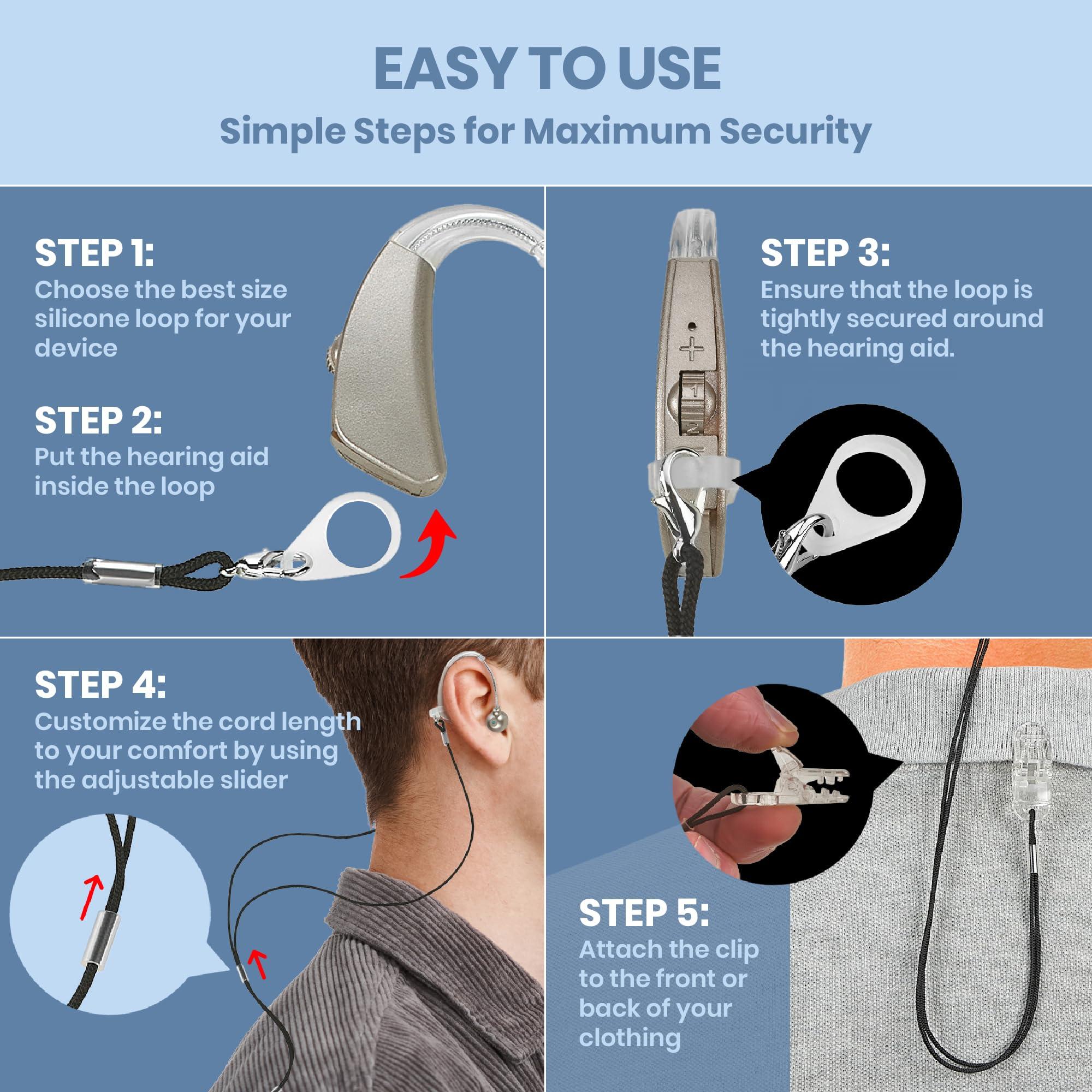 MEDca Hearing Aid Clip - Protective Holder with Anti Lost Lanyard Cord - Rope with Loops and Clip and Security Clip Ideal for Behind the Ear Hearing Aids and Personal Sound Amplifiers