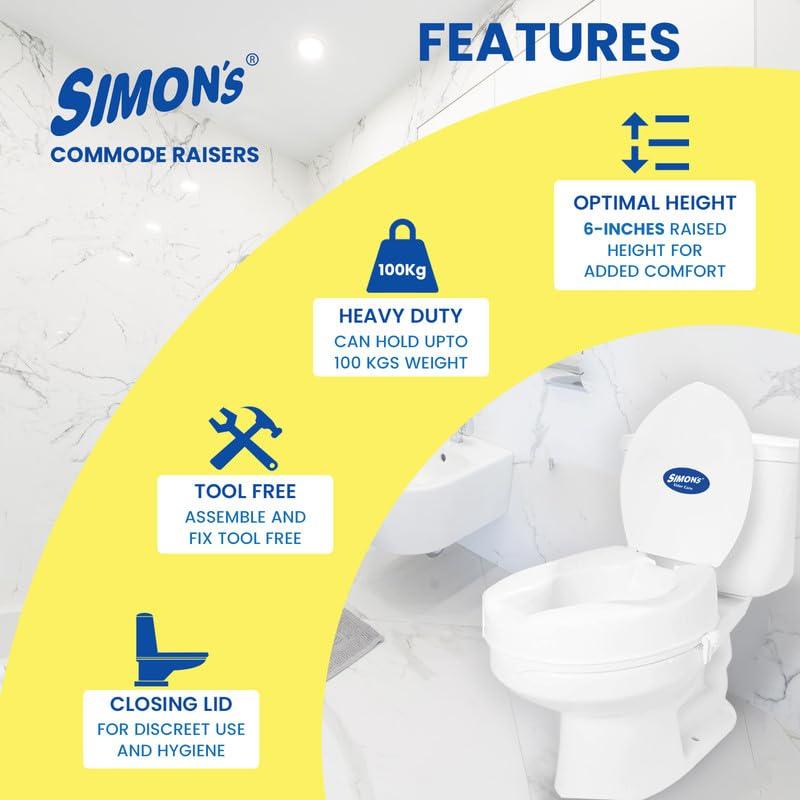 Simon\'s Simons Heavy-Duty 6 Inch Commode seat raiser with lid cover for elderly to sit and rise from commode toilets, portable seat extension for senior citizen with knee pain - Pack of 1