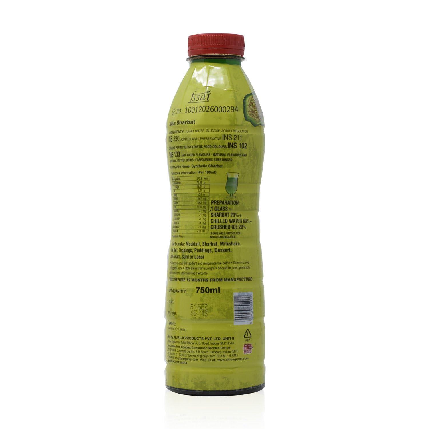 Guruji Guruji Sharbat - Khus, 750ml Bottle