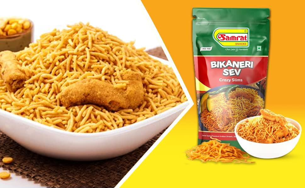 SAMRAT SAMRAT| BIKANERI SEV Crazy Slims Tangy & Crispy Taste Namkeen|Ghar Jaisi Hi Namkeen|Healthy Snacks|Every Day Fresh Indian Snacks |Traditional Indian Snacks| (400G)