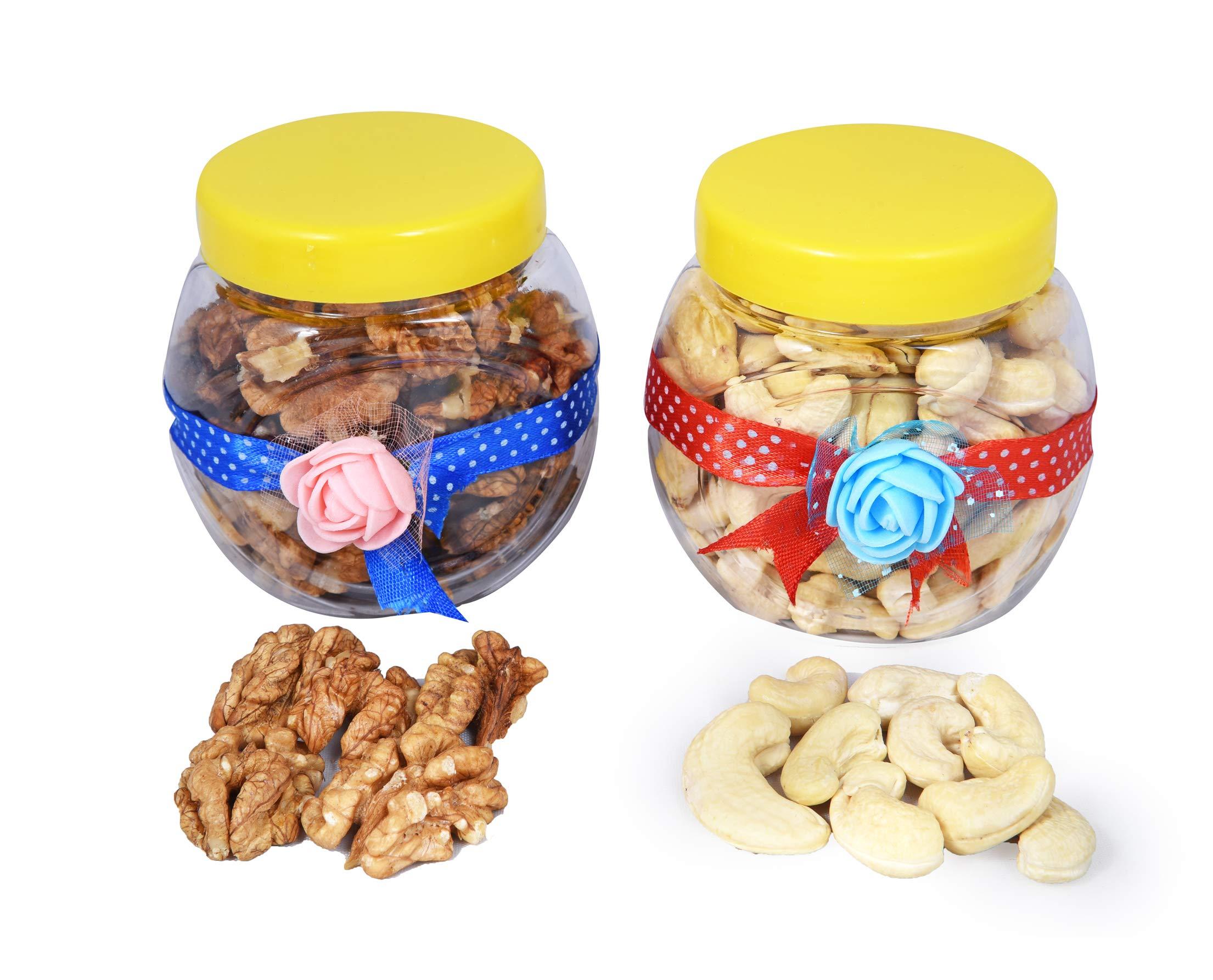 MANTOUSS MANTOUSS Diwali Dry Fruit Decorated Jar-Cashew and Walnut(100gms Each),200 GMS + 2 Gel Filled Glass Candle, Diwali Greeting Card and Rangoli Colours