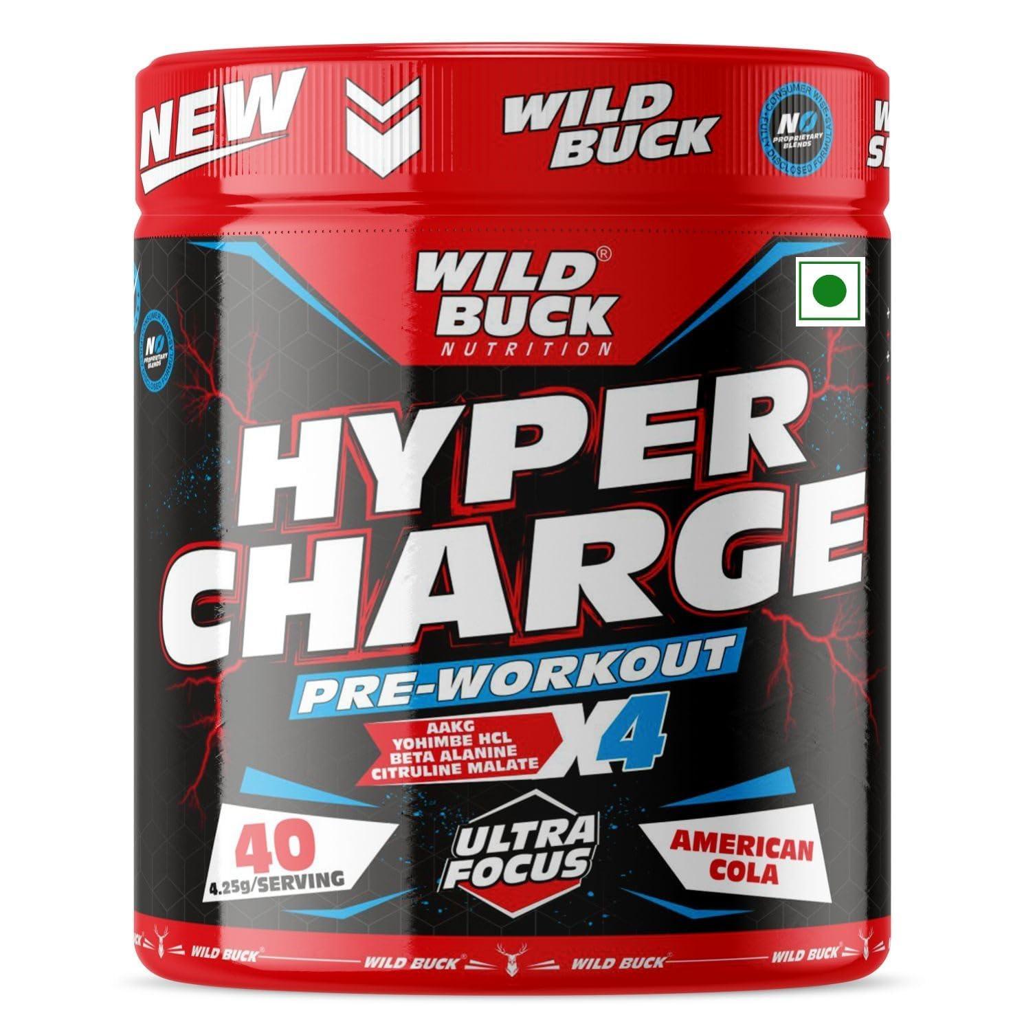 WILD BUCK WILD BUCK Hyper Charge Pre-X4 Hardcore Pre-Workout Supplement Powder with Creatine Monohydrate, Arginine AAKG, Beta-Alanine, Caffeinated Punch - For Men & Women [40 Servings, American Cola] + WILD BUCK L Arginine 1000mg Nitric Oxide Precursor Supplem