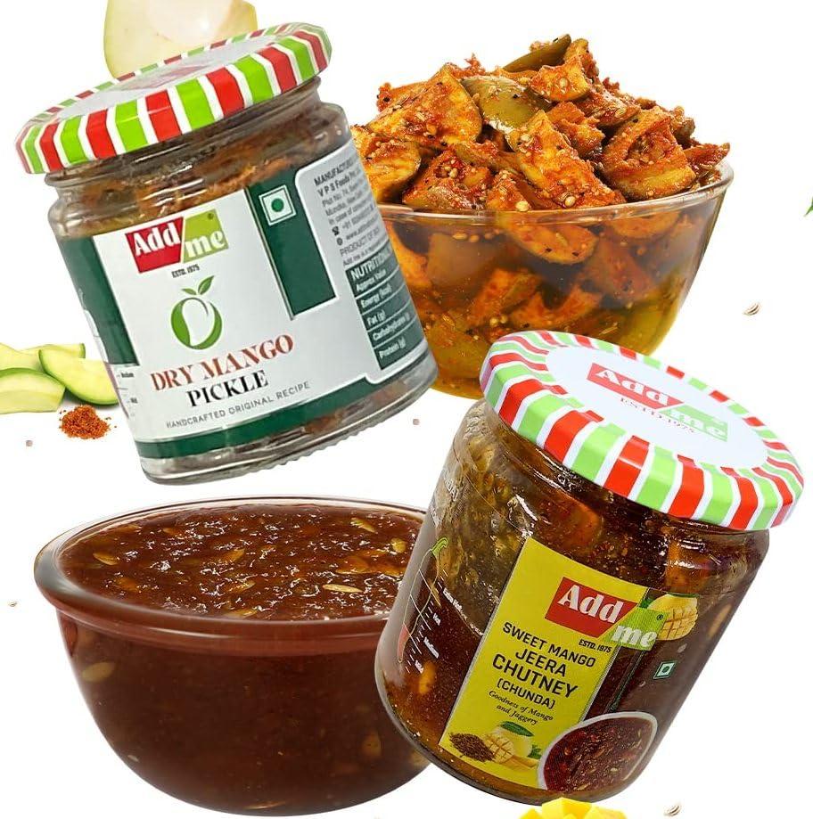 Add me Add me Combo Pickle Pack 6 In 1 Dry Mango Achar 150Gm + Mixed Pickles 200Gm + Amla Murabba 200Gm + Sweet Lemon Pickle 200Gm + Lal Mirchi Ka Achar 200Gm + Sweet Mango Jeera Chutney 200Gm Glass Jar