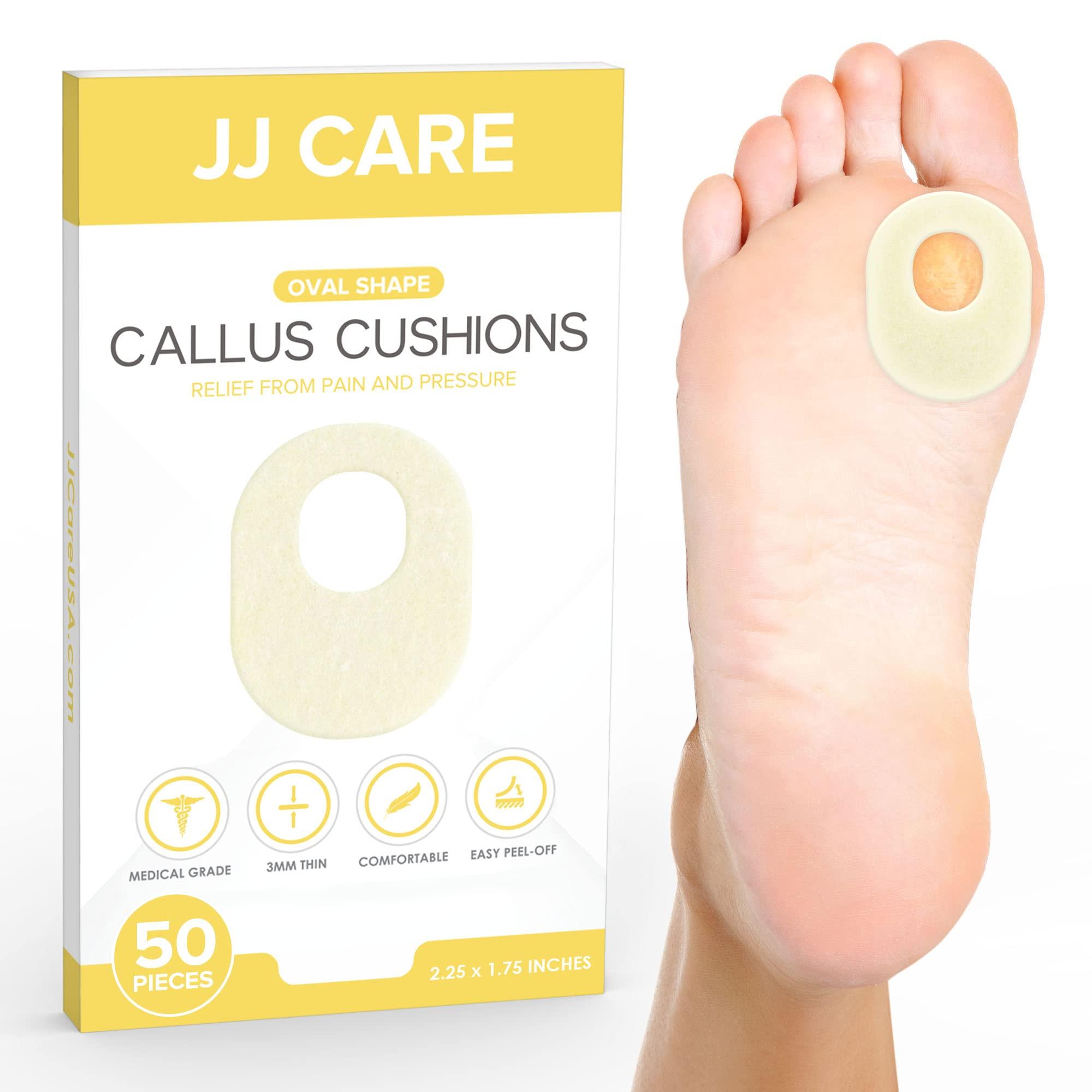 JJ CARE [Box of 50] Callus Cushions, Oval Callus Pads for Feet, Soft Felt Callus Pads for Pain Relief & Foot Care, Self-Adhesive Foot Callous Cushions, Medical Grade Callous Protector
