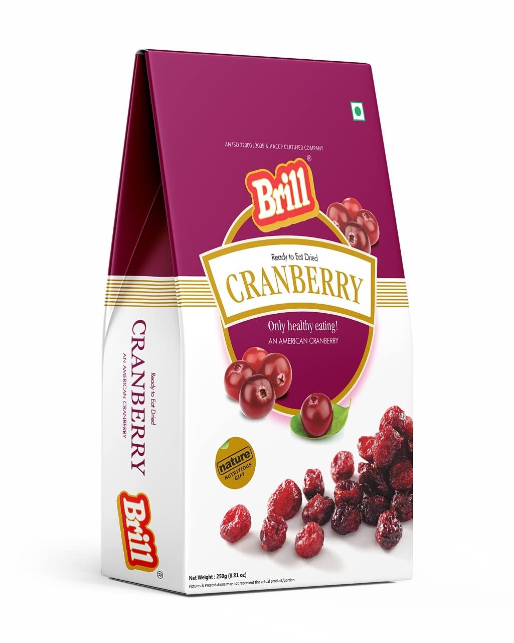 Brill Brill Dried Whole Cranberries 250g | Real Dried Fruit | No fat and Low Calories | High Antioxidants, Dietary Fiber & No Gluten