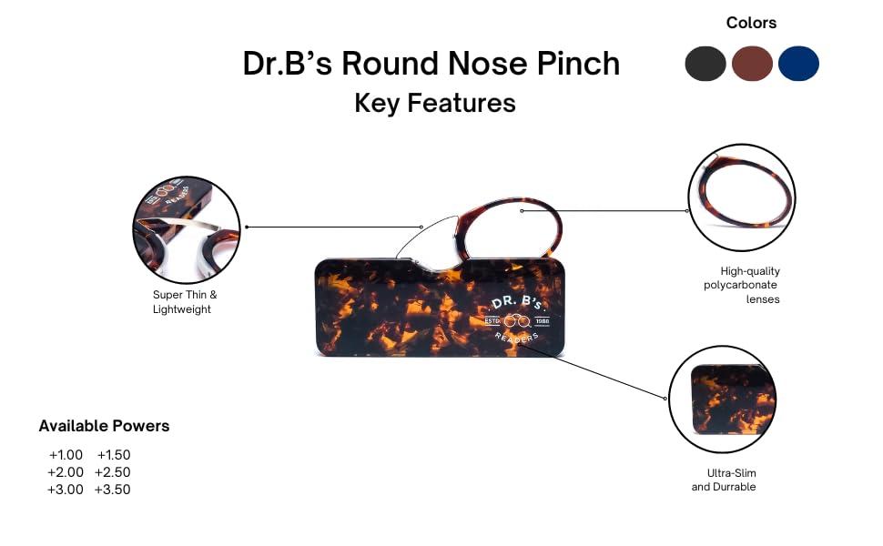 DR. B\'s Readers DR. B\'s Readers Nose Clip Reading Glasses | Universal Pod Case for Men & Women | Reduce Eye Strain & Fatigue | Lightweight Clear & Scratch Resistant Presbyopic Eyeglasses Reader(Tortoise shell +1.00)