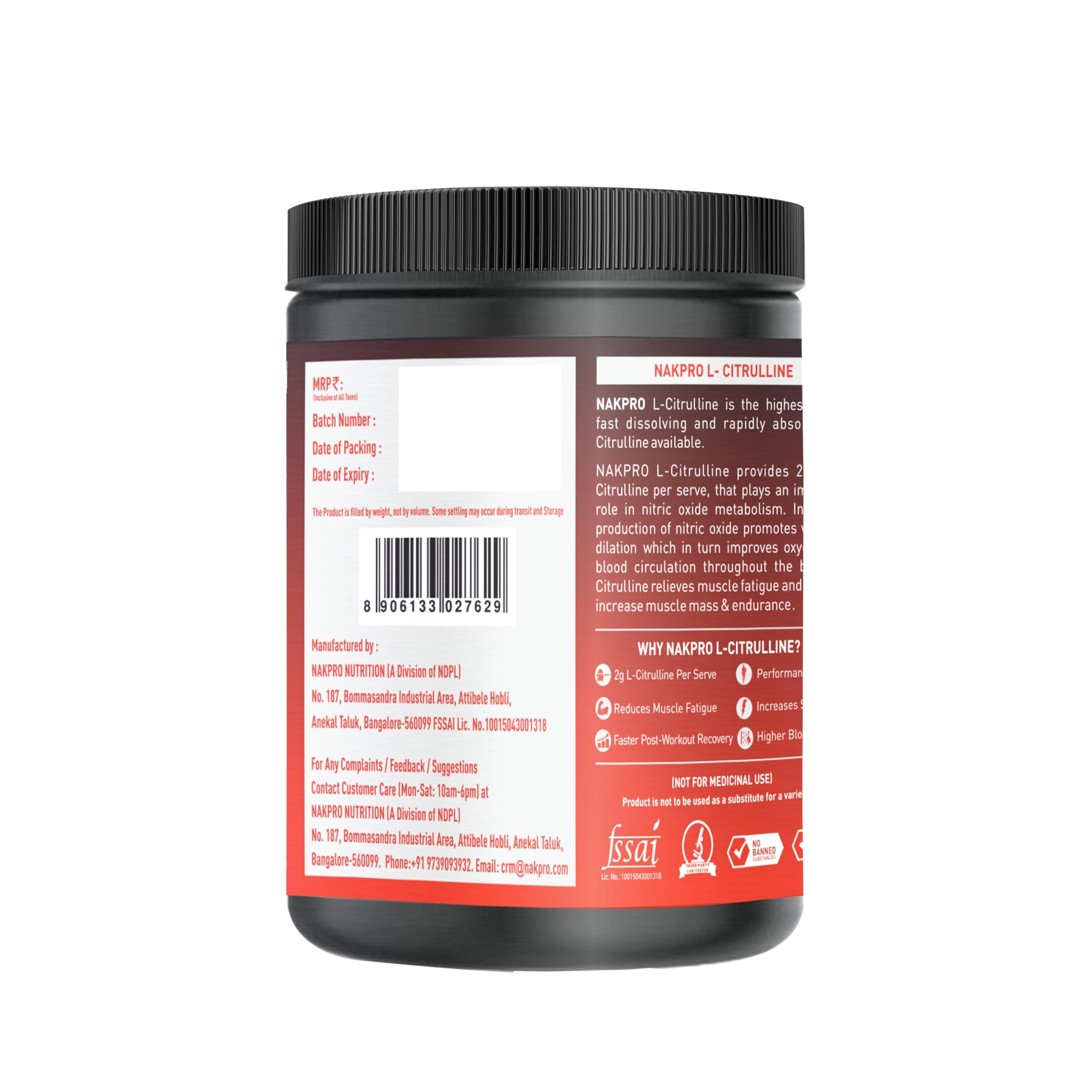 NAKPRO NAKPRO Pure L-Citrulline Powder- Jar, Boosts Nitric oxide & Muscle growth for men & women (Tangy Orange, 100g)
