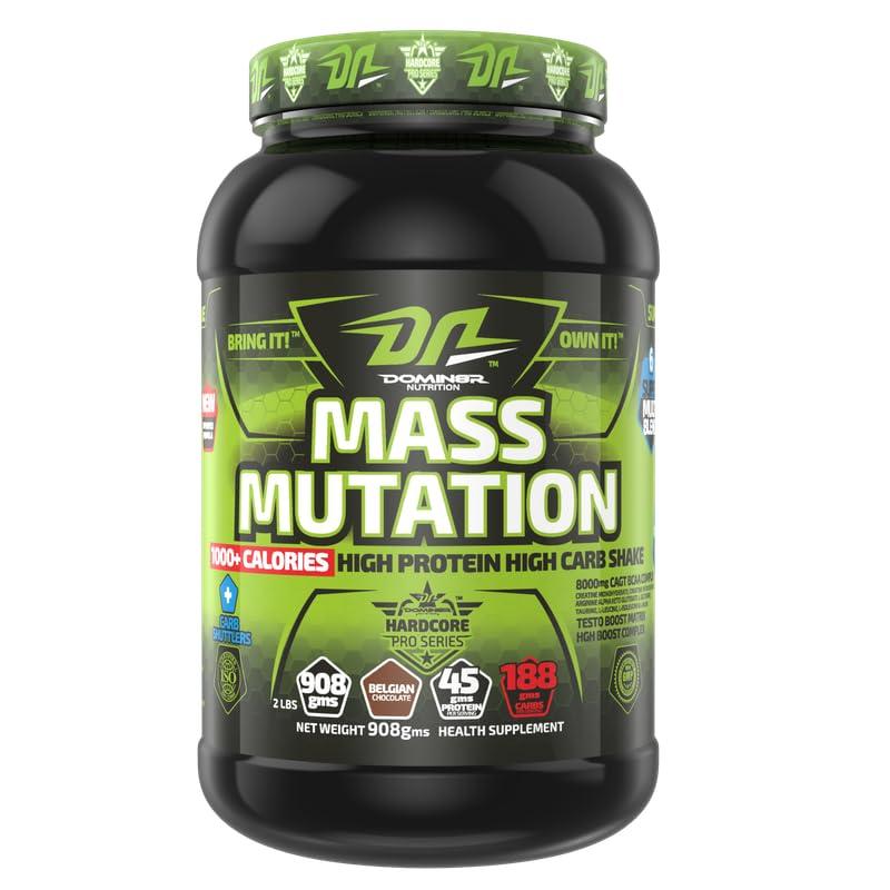 DN DOMIN8R NUTRITION DN Mass Mutation Weight Gainer, 908 g (2 Lbs), Belgain Chocolate, High Protein Mass Gainer, 45g of Protein Per Serving With TESTO Boost | HGH Boost| CGT Bcaa Complex