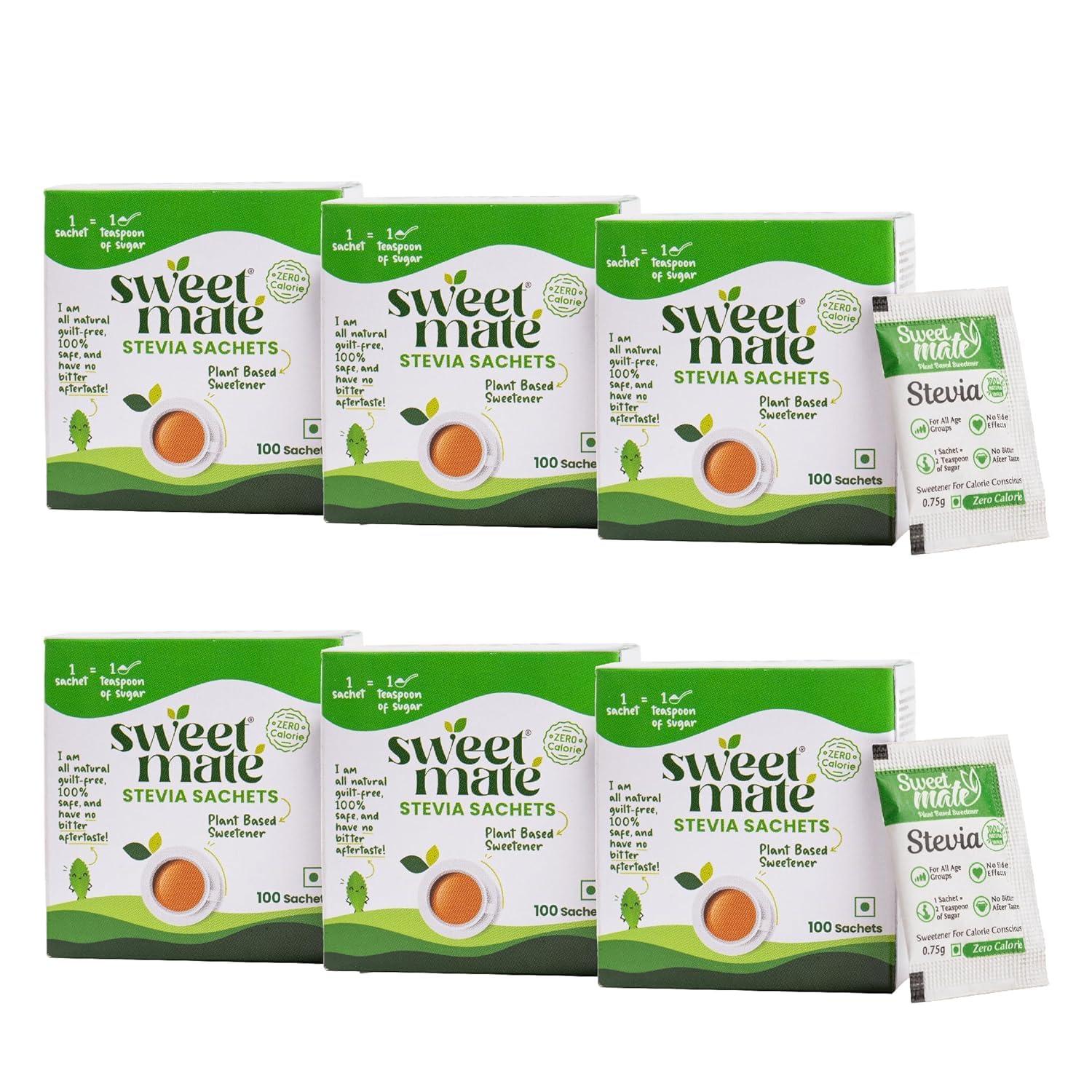 Sweetmate Sweetmate Stevia Sachets 600 (100 Sachets x Pack 6) Servings 100% Sugar Free Vegan Keto Friendly Natural Diabetic Friendly Plant-Based Sweetener Powder with Zero Stevia leaves Powder
