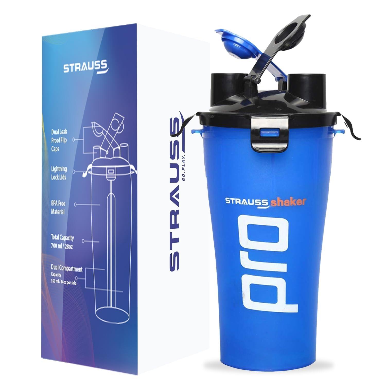 STRAUSS STRAUSS Dual Shaker Pro | Pre & Post Protein Shake On the Go | Leakproof and BPA-Free Material | Dual Shaker Bottle | Protein Shaker Bottle for Gym | Suitable for Both Men and Women, 700ml,(Blue)