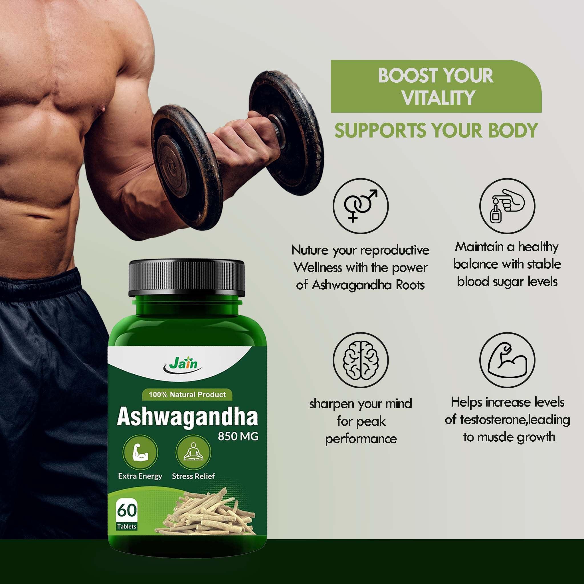 JAIN Jain Ashwagandha 850mg Tablets - Extra Energy, Stress Relief, 100% Natural, Improves Sleep, Reduces Blood Sugar |Restorative Benefits, 60\'s