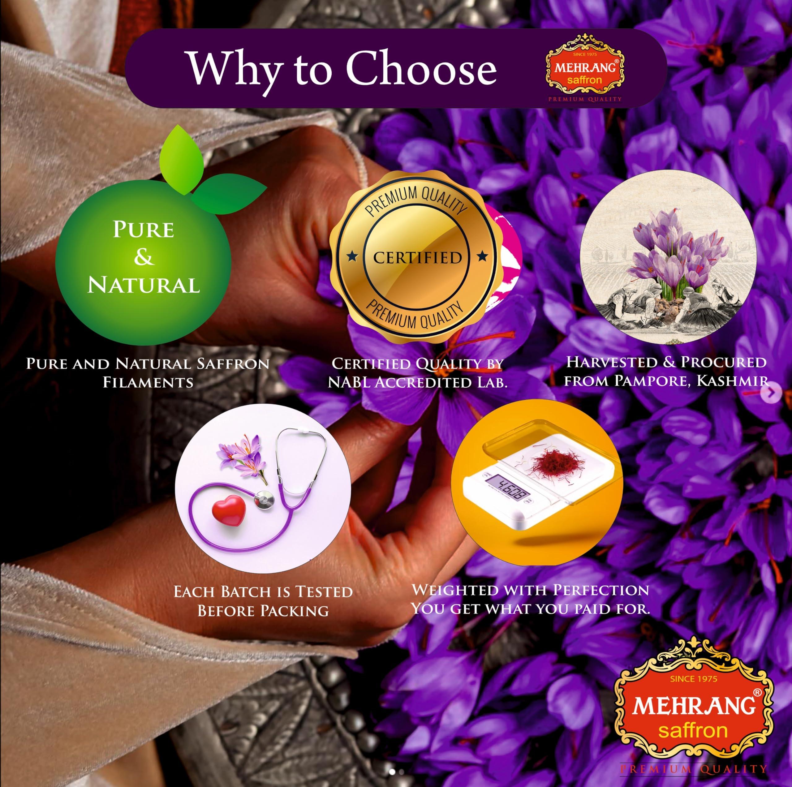 Mehrang Mehrang Saffron Original Kashmiri 5 Grams | Kashmir Kesar | Keshar | A+++ Grade Luxury Quality | Grown in Saffron Farms of Pampore | ISO 9001:2015, 22000-2018, HACCP, GMP Certified | Pack of 1