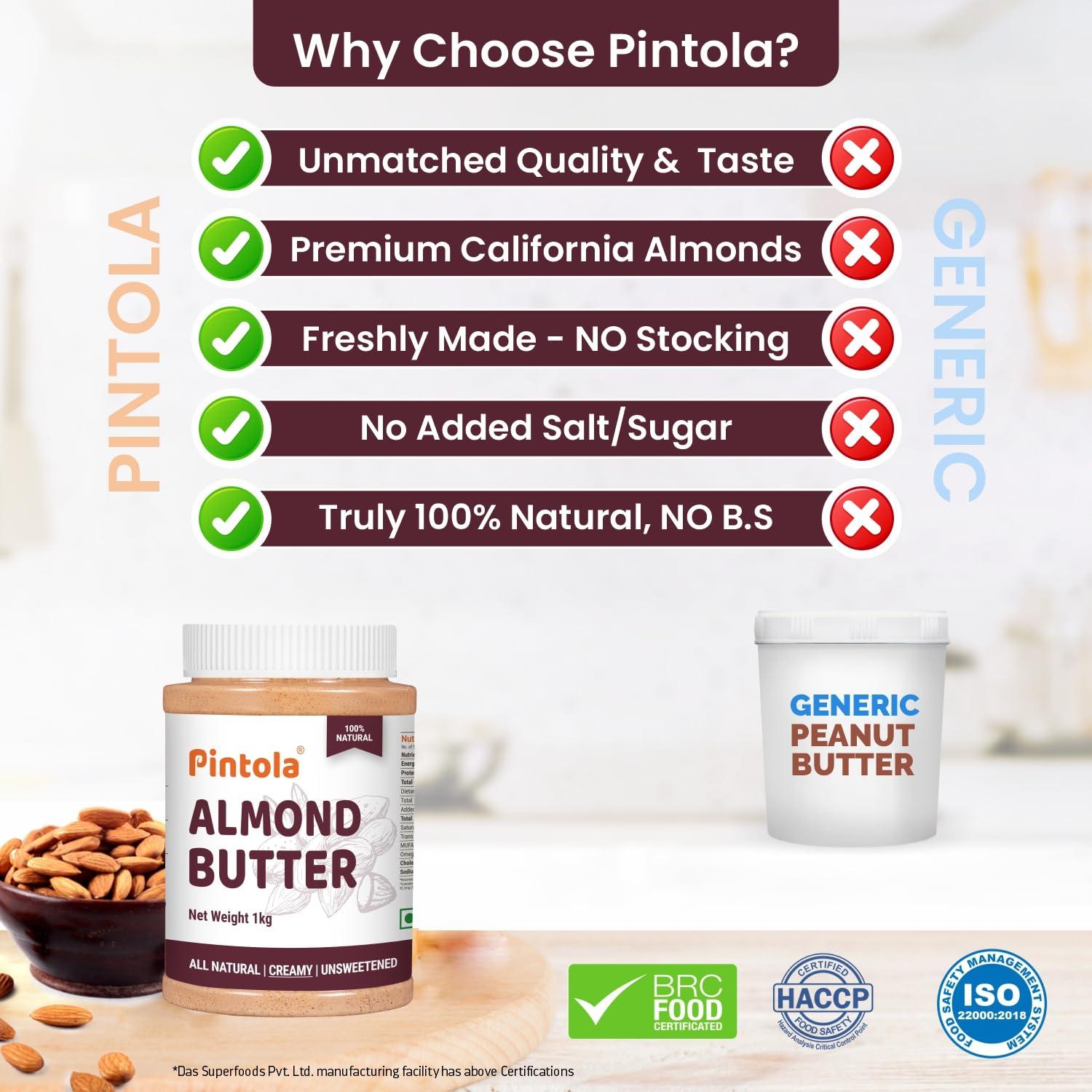 Pintola Pintola Almond Butter Crunchy 200g - All Natural Unsalted Butter, Healthy Almond Butter Unsweetened for Bread Spreads, Vegan Almond Butter