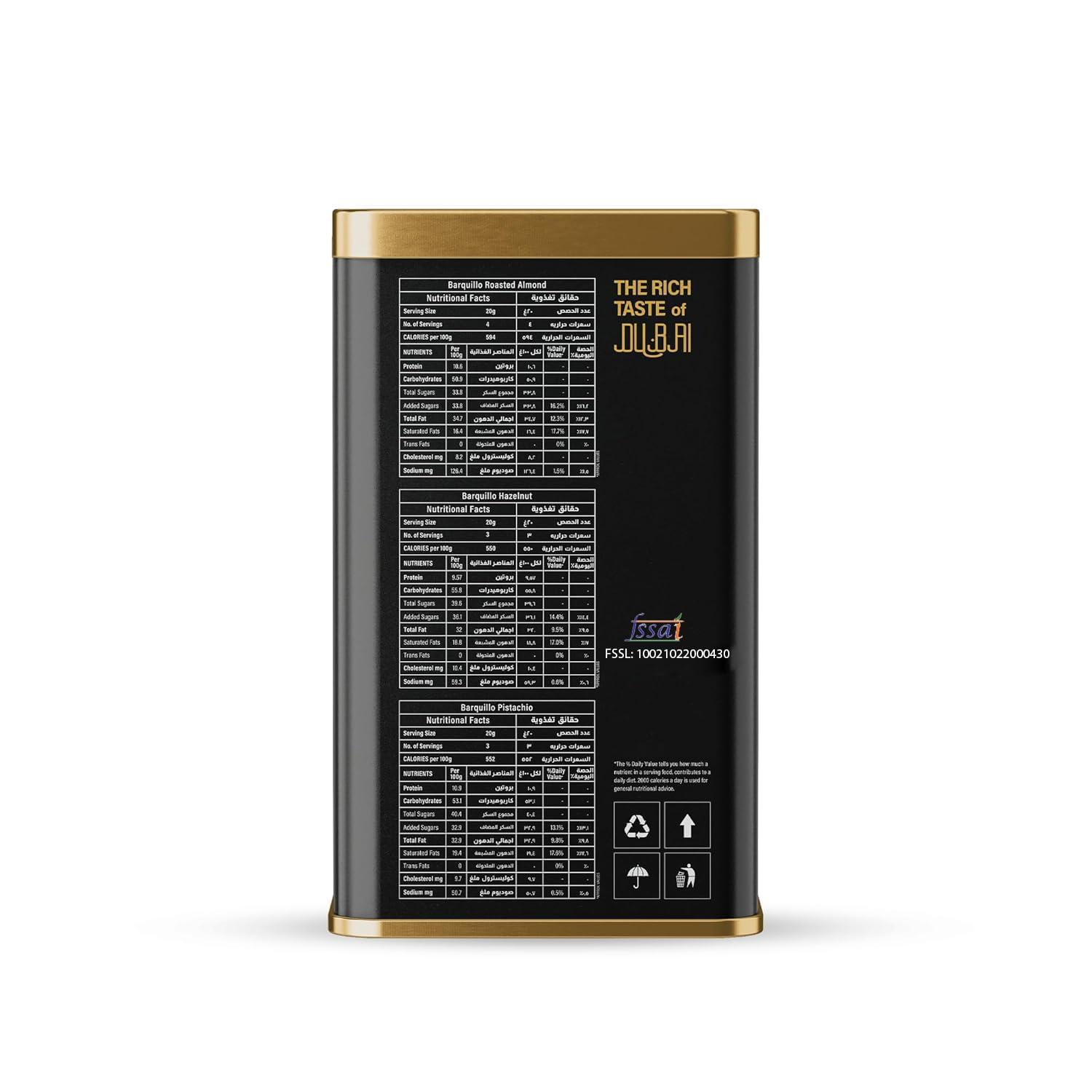 BARQUILLO Barquillo Assorted Premium Chocolate Tin Pack - 10 Pcs (200 gm) | Roasted Almonds, Hazelnut and Pistachio imported | Dubai couverture taste | Raksha bandhan Gift Celebration Independence special