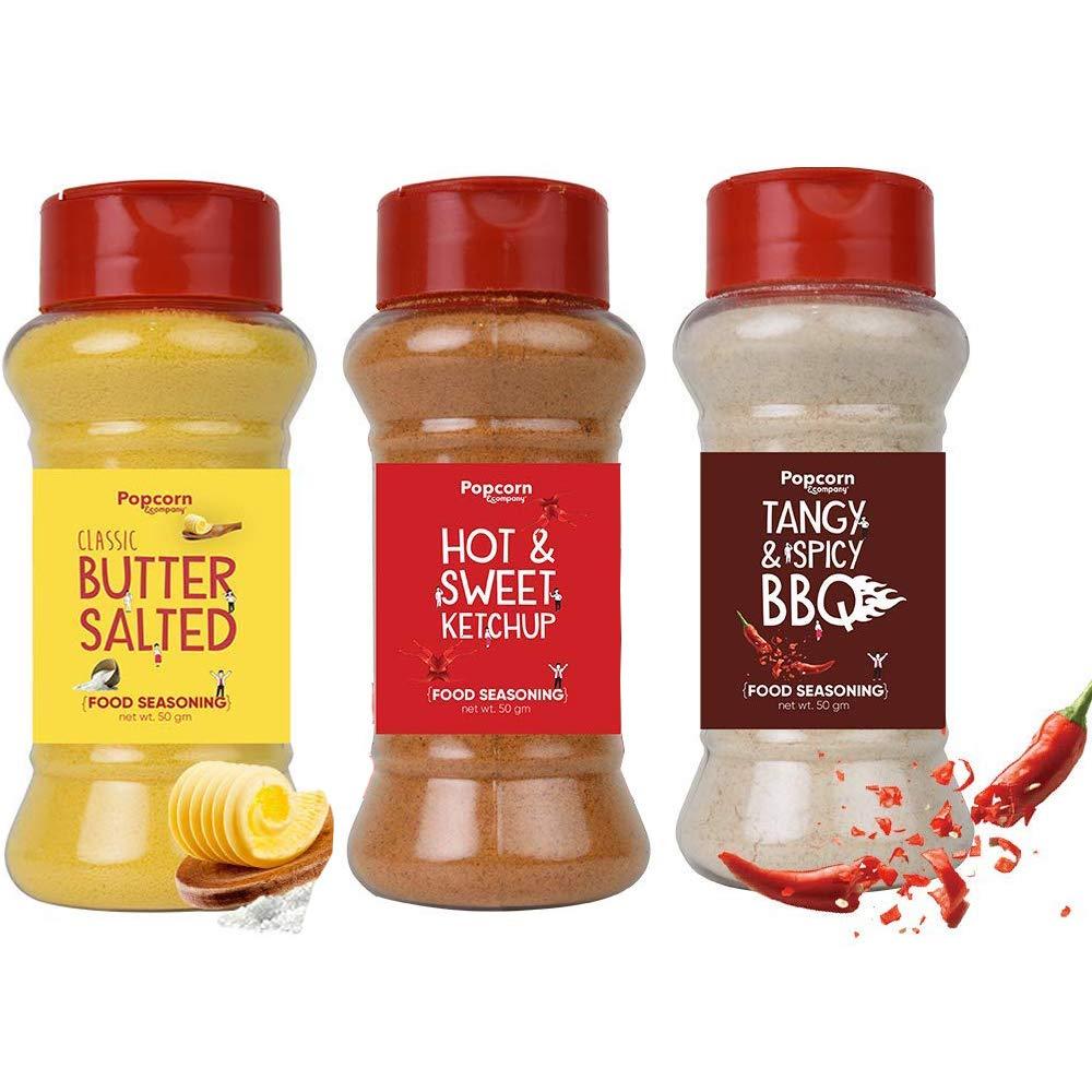 Popcorn & Company Popcorn & Company Classic Butter Salted, Hot and Sweet Ketchup, Tangy & Spicy BBQ Instant Seasoning Mix Combo Pack Made With Premium Spices Blend 100% Pure and Natural -150g ( 50 g Each)