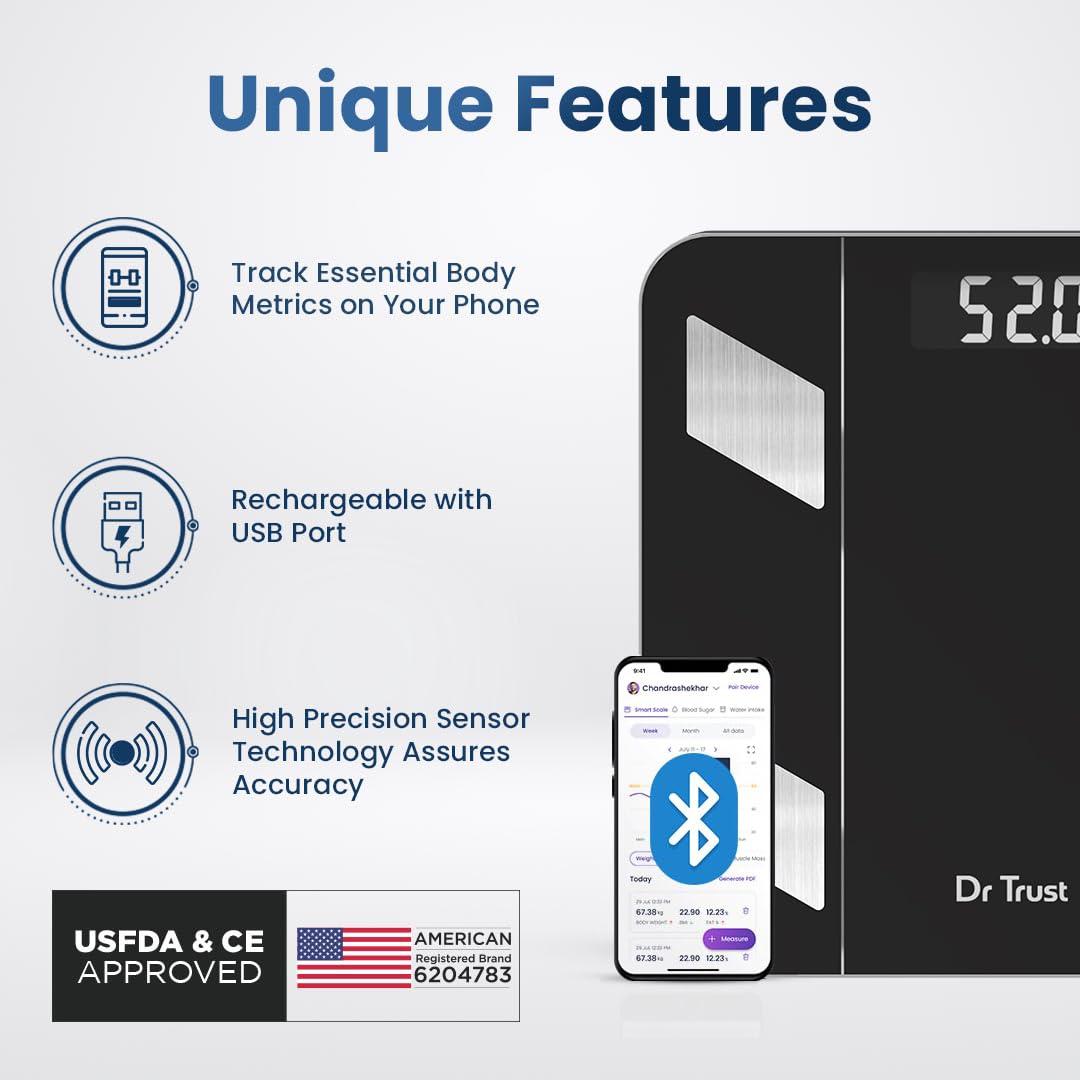 Dr Trust Dr Trust USA Hercules Smart Body Fat Scale & Composition Measurement Device-525, BMI, Personal Weighing Machine Monitor Body Weight & Age, Syncs With Fitness App (Black)