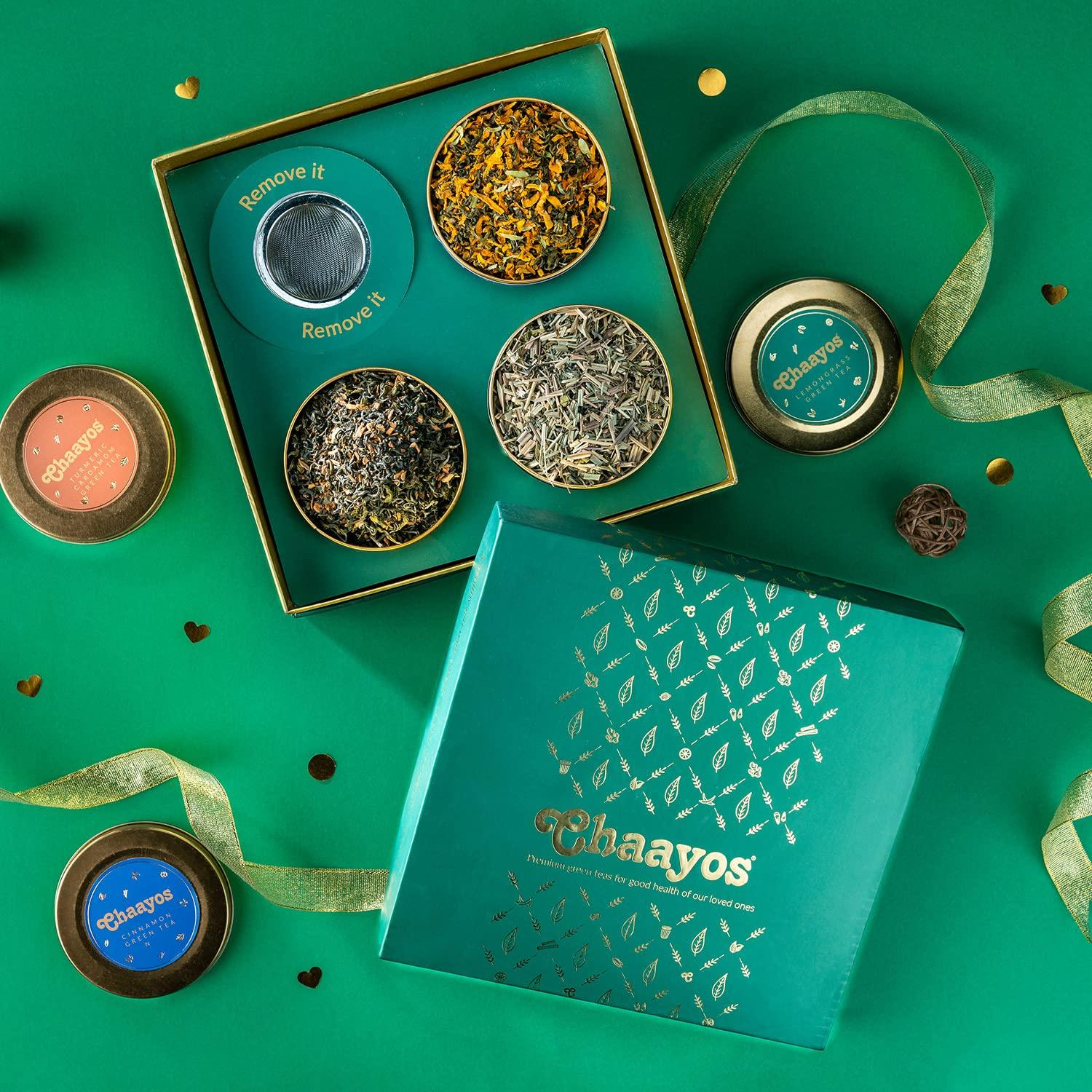 Chaayos Chaayos Premium Rakhi Gift Hampers | Contains Cinnamon, Turmeric Cardamom & Lemongrass Green Teas | Whole Leaf Tea Set | Gift Hamper for Family and Friends | Luxury Rakshabandhan gift set | Raksha Bandhan Gift