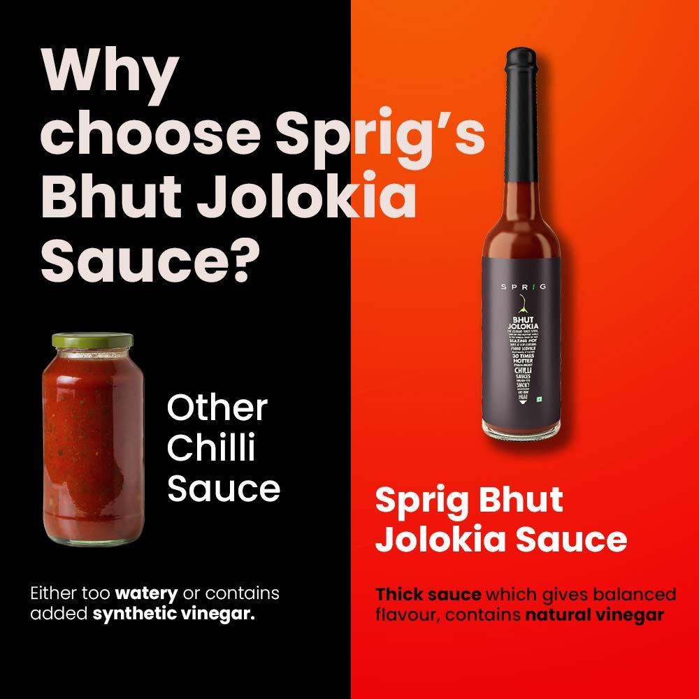 S P R I G Sprig Bhut Jolokia Sauce | Made with Worlds hottest Ghost Peppers | 75,000 SHU | Use as condiment, marinade or dip | Vegan | For veg and non-veg cuisine | Use with Pizza, Chicken Wings, Salads & Snacks | 120 gms
