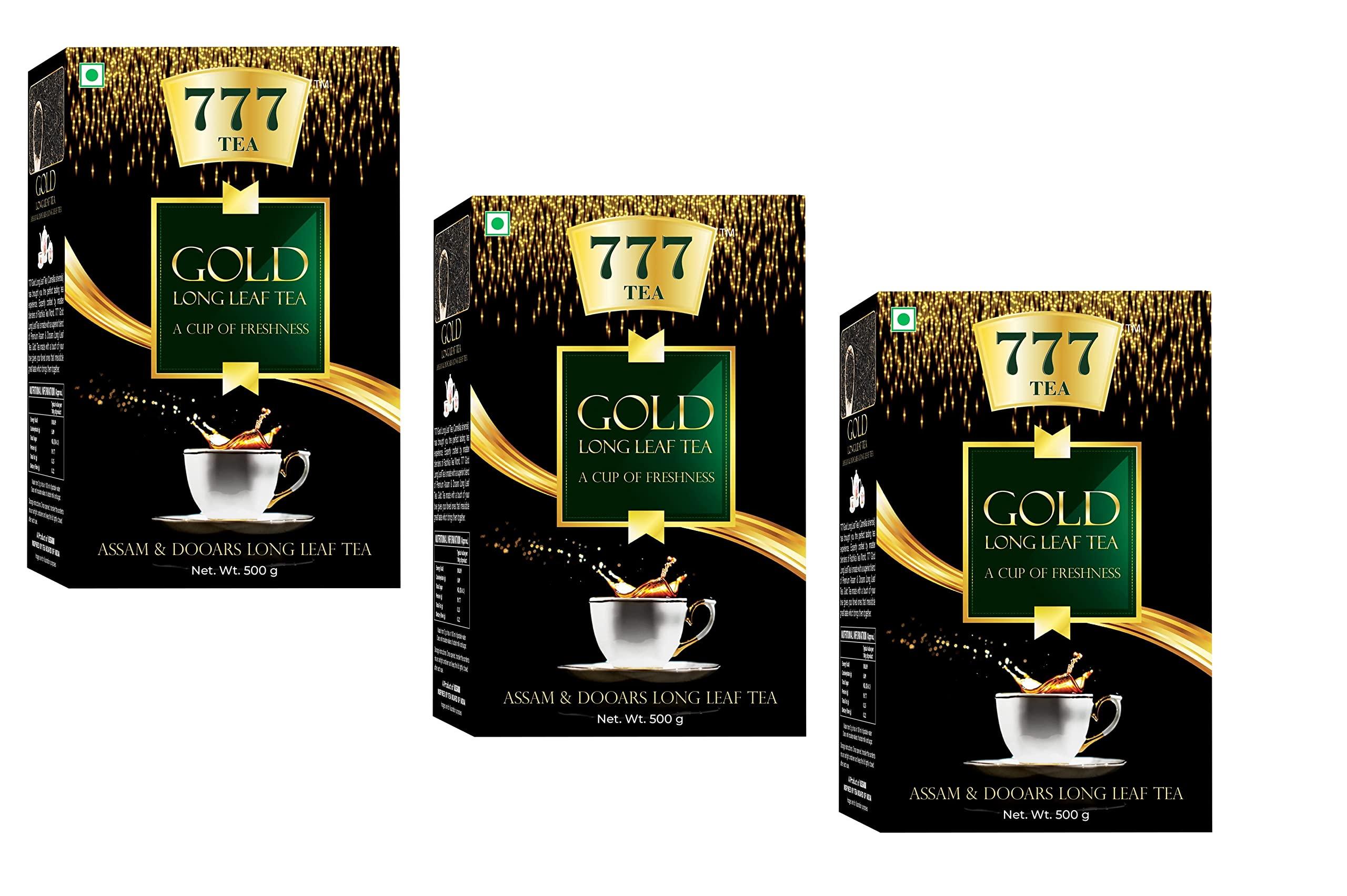 777 777 Tea Gold Long Leaf Tea | Assam tea | Rich & Aromatic Chai | Black Tea | Tea Leaf | Chai Patti (Pack Of 3, 500 GM Each)