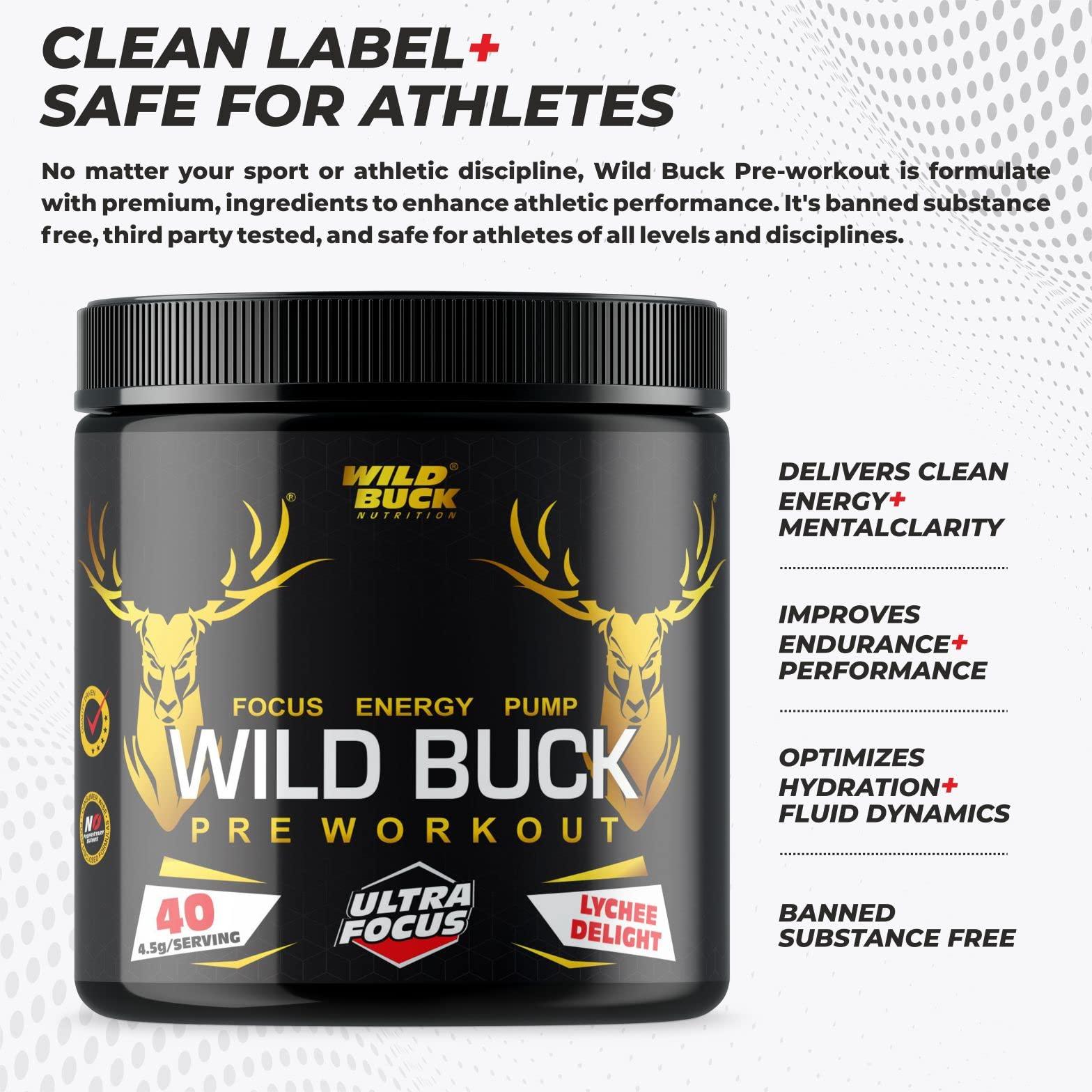 WILD BUCK WILD BUCK Ultra Focus Advanced Pre Workout with L-Arginine, L-Citrulline, Creatine, AAKG, Beta Alanine, Theanine & Natural Caffeine for Explosive Muscle Pump, Lean Muscles Building, Strength, Focus & Energy - For Men & Women [40 Servings, Lychee Deli