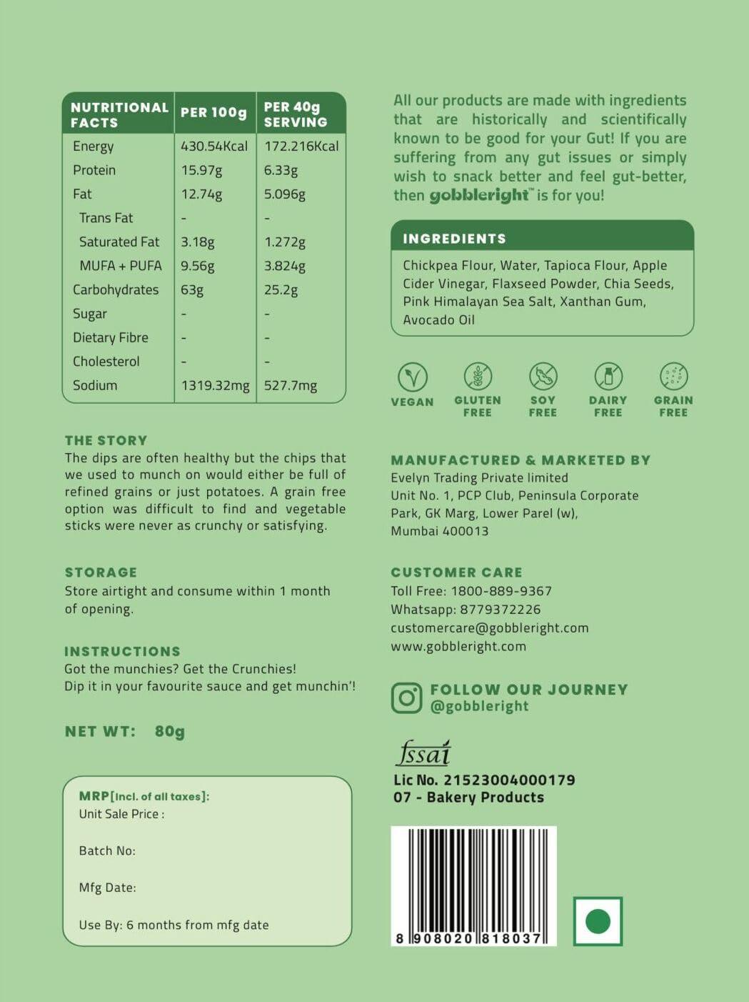 GOBBLERIGHT gobbleright Crunchies - Pack of 1/Nacho Tortilla Style Chips/Gluten Free, Vegan,Dairy free, Soya free, Grain free (80 Gm Per Pack)