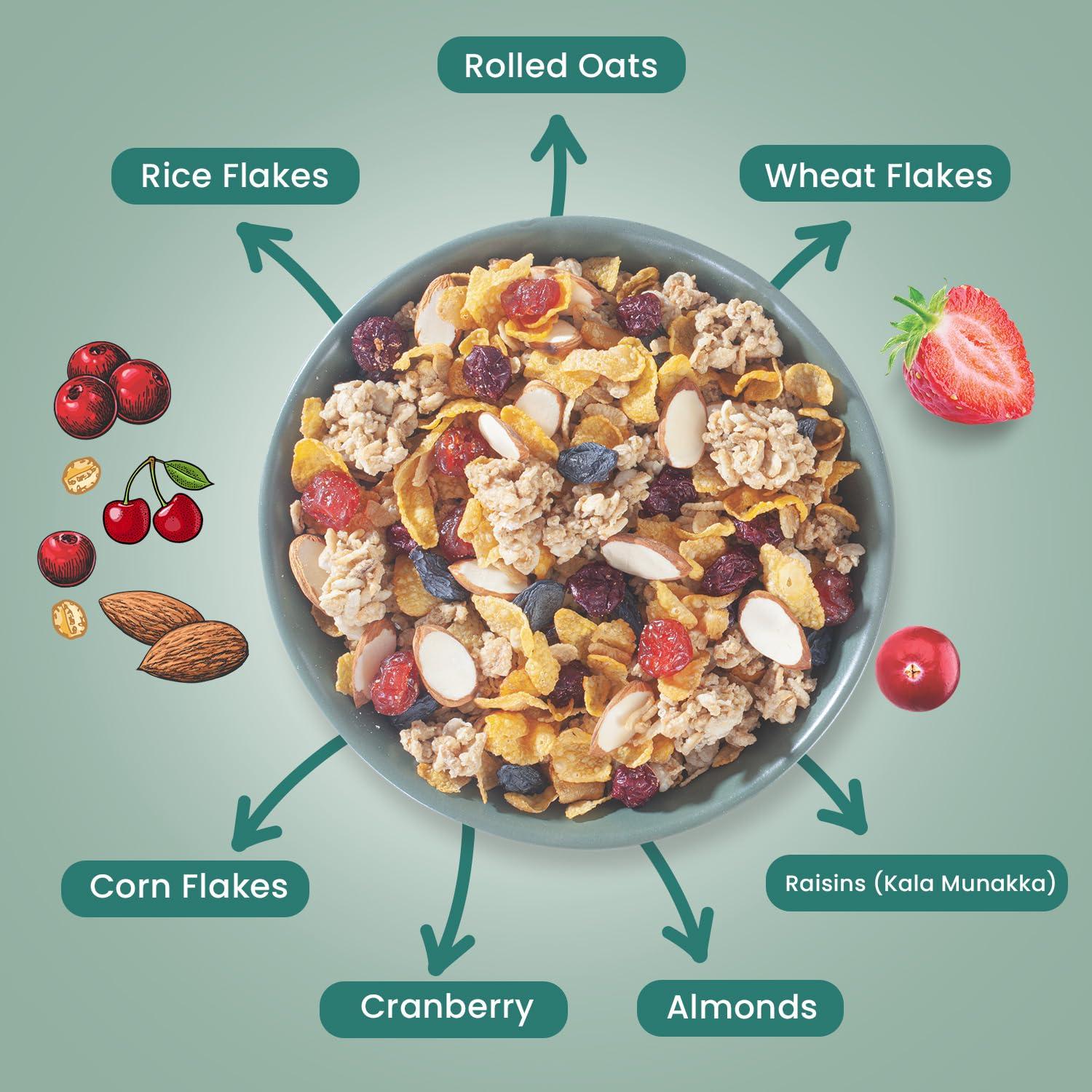 JEWEL FARMER Jewel Farmer Oat Bunches Almond & Cranberry Crunchy Granola 200gm With Multigrains | No Preservative | Vegan & Plant Based | High in Fibre & Protein | Breakfast Cereal Can Be Consumed As Muesli