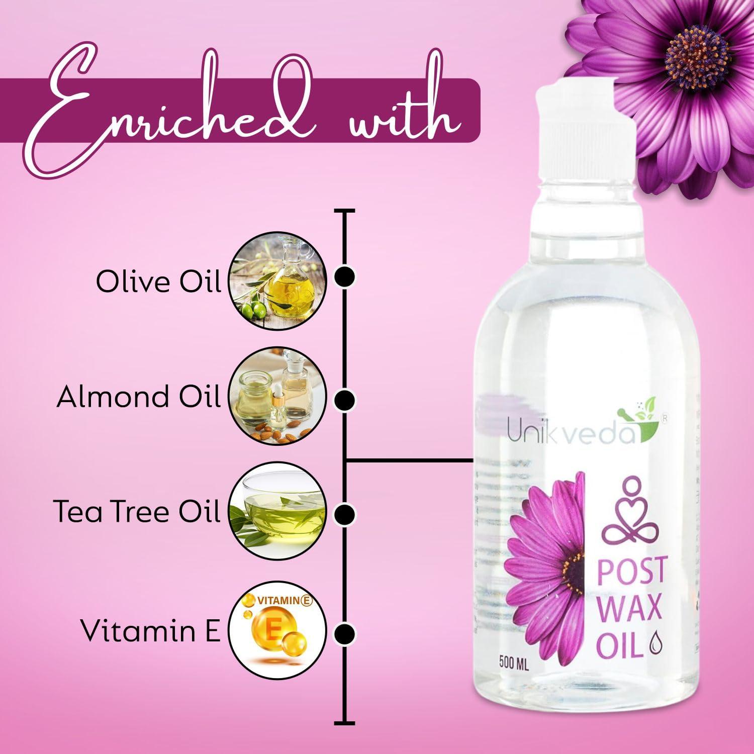 UNIKVEDA UNIKVEDA After Wax Oil For Smooth n Shiny Skin, Guarding Against Rashes n Irritated Skin After Waxing With Sweet Almond Oil, Vitamin E n Tea Tree Oil | Post Wax Oil For Women, 500ML