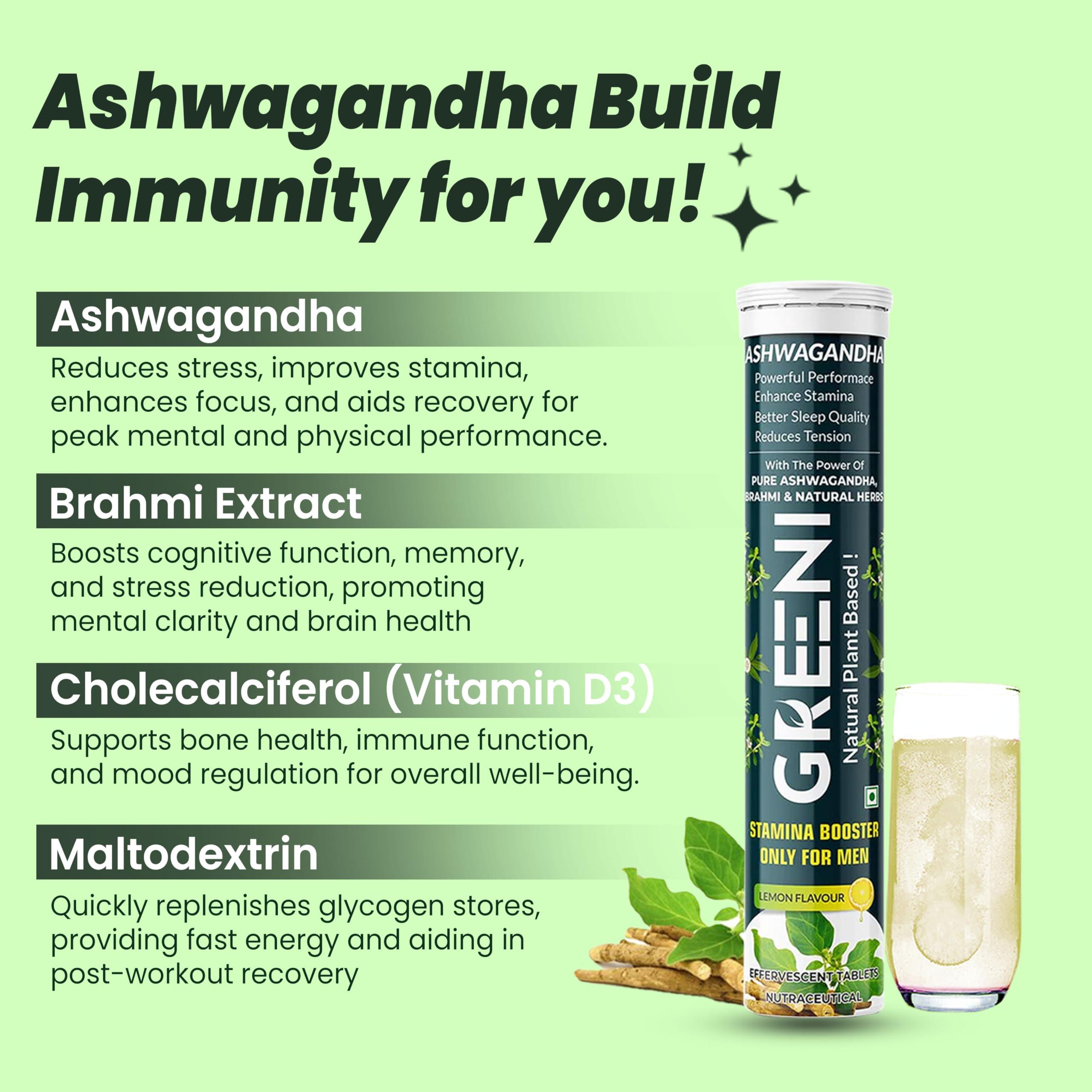 Greeni Greeni Ashwagandha Effervescent Tablets with Brahmi and Natural Herbs (Pack of 4, 60 Tablets)