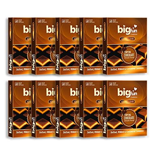 BIGFUN Bigfun Flavoured Condoms Combo Pack of 10(3Pcs Each Pack) | Dotted, Ribbed & Contoured Long Lasting Condoms For Men | Tempting Chocolate Flavored (Total 30 pcs)