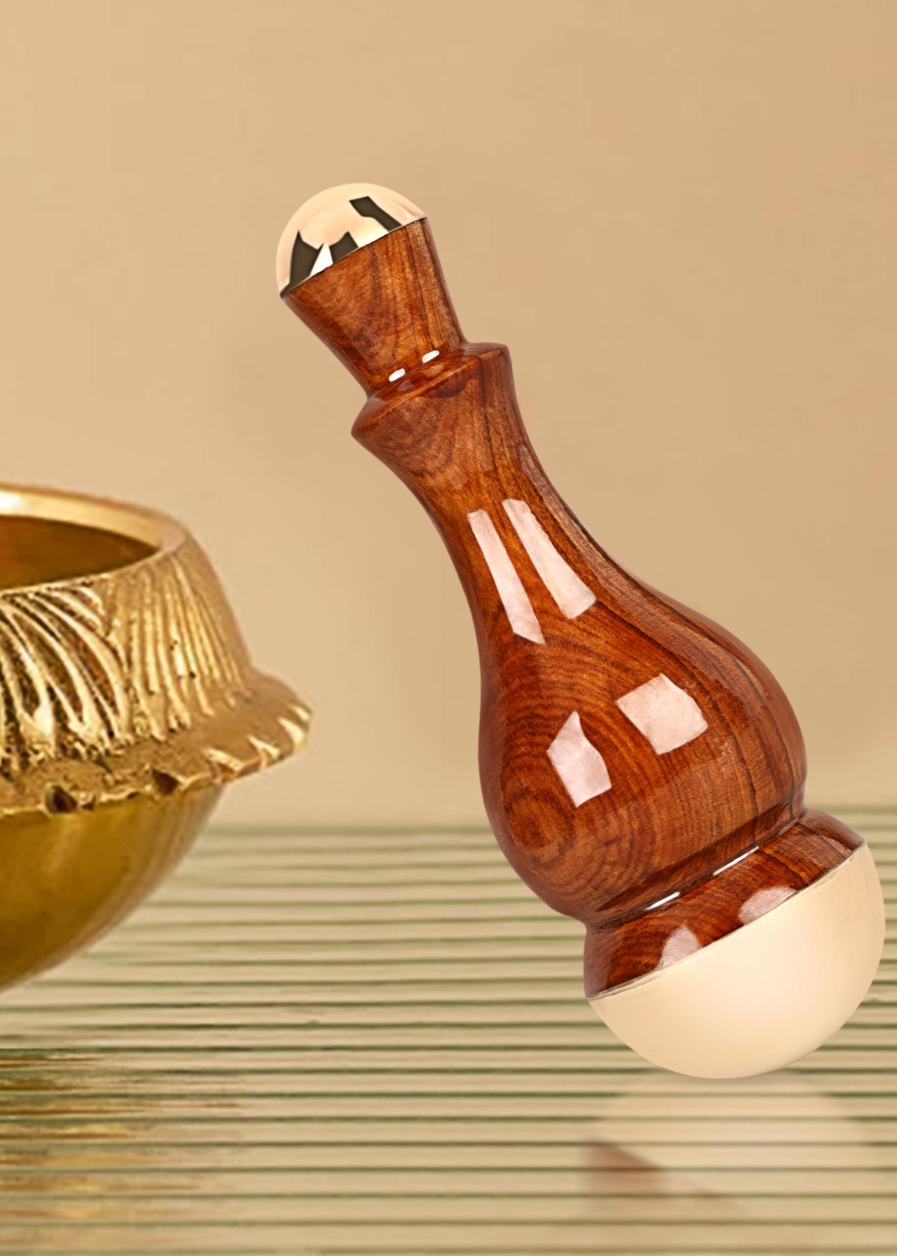 HEALTHANDWEALTH Kansa Wand 2in 1 Mini Grip Beautiful Design Face/Foot/Body & Marma Massage Tool Teak Wood Handle Maroon (Small & Marma)