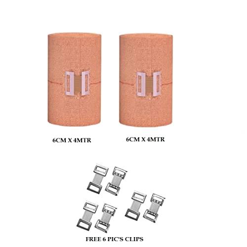 RARE OCEANS RARE OCEANS ELASTIC CREPE BANDAGE - WRIST WRAP STRAPS SUPPORT ELASTIC CREPE BANDAGE (PACK OF 2) 6CM(WIDTH) x 4MTR(STRETCHED LENGTH) - FREE 6 PICS BANDAGE WHITE CLIPS